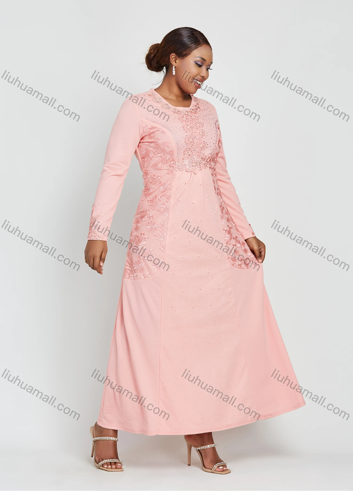 Wholesale Women's Round Neck Long Sleeve Eyelet Embroidered Pearl Applique Ruffle Hem Maxi Dress - Liuhuamall