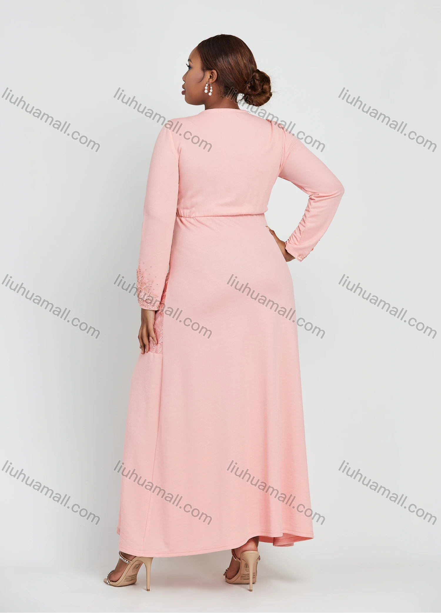 Wholesale Women's Round Neck Long Sleeve Eyelet Embroidered Pearl Applique Ruffle Hem Maxi Dress - Liuhuamall