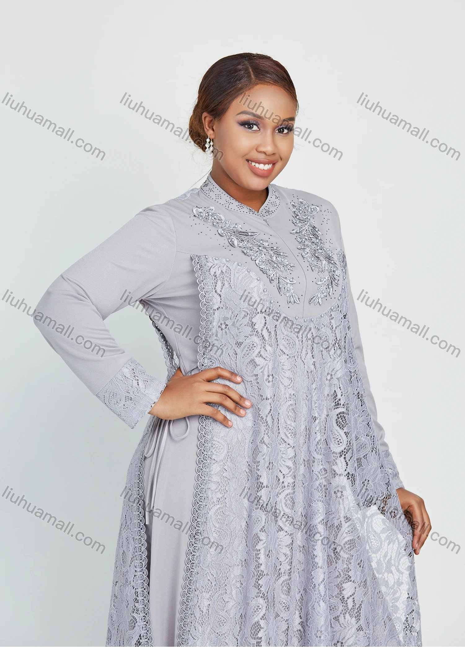 Wholesale Women's Long Sleeve Ruffle Hem Side Drawstring Pearl Decor Guipure Lace Maxi Dress - Liuhuamall