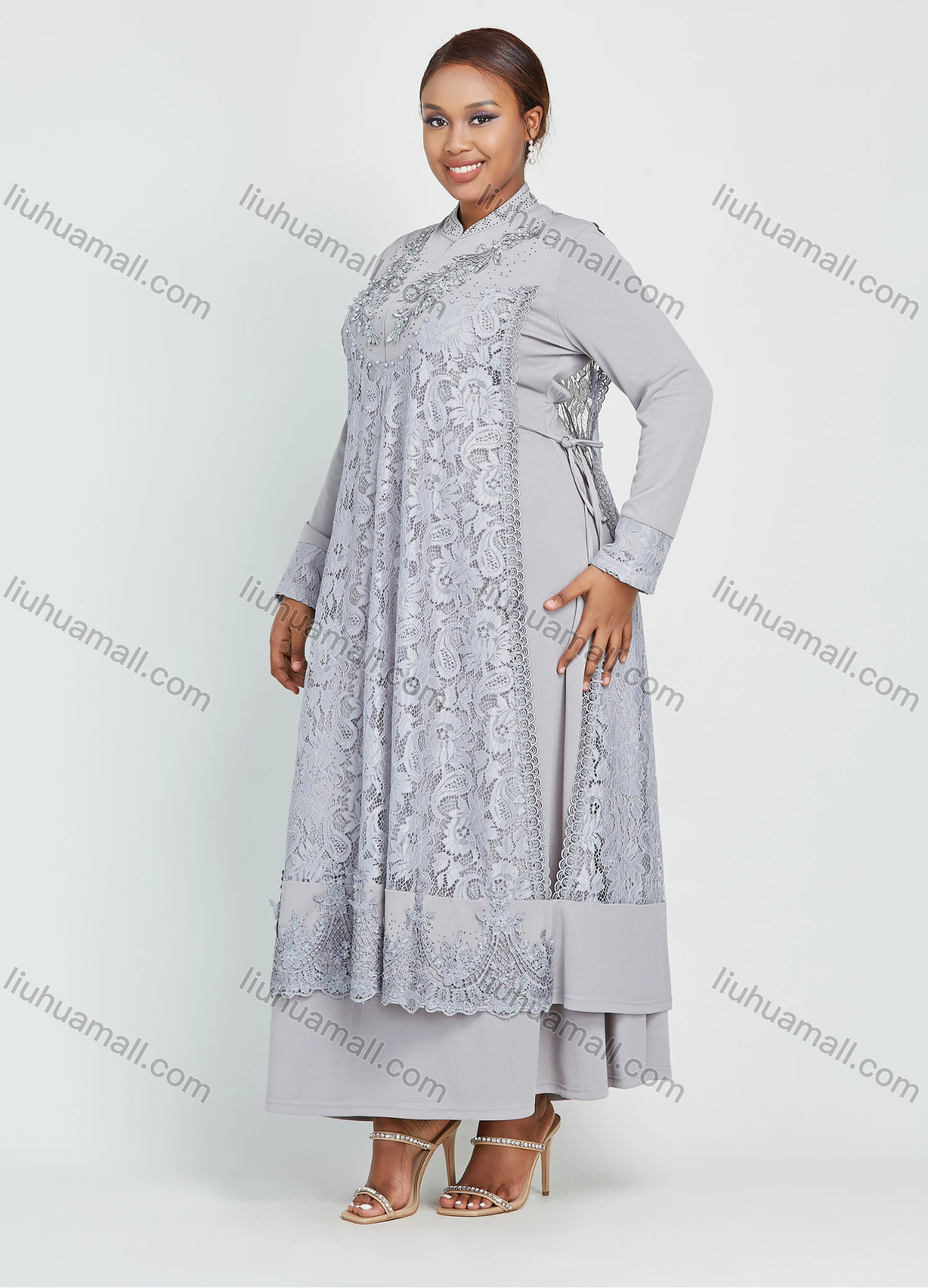 Wholesale Women's Long Sleeve Ruffle Hem Side Drawstring Pearl Decor Guipure Lace Maxi Dress - Liuhuamall