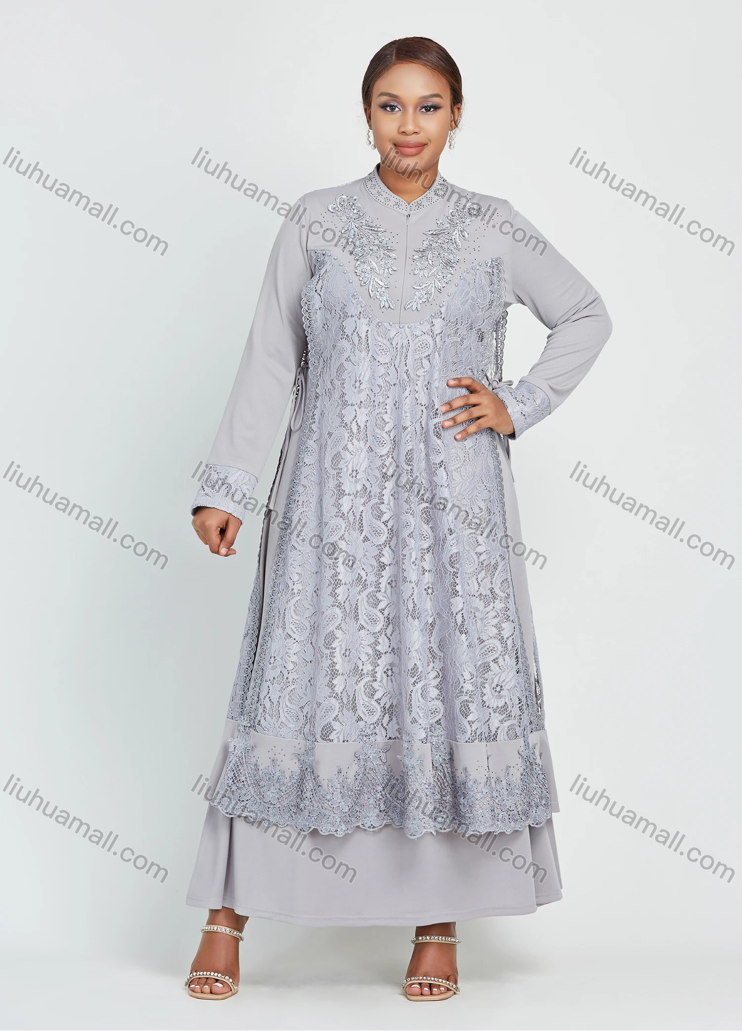 Wholesale Women's Long Sleeve Ruffle Hem Side Drawstring Pearl Decor Guipure Lace Maxi Dress - Liuhuamall