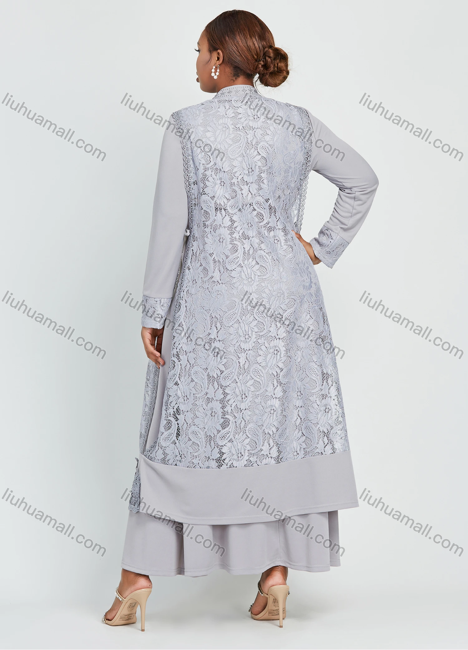 Wholesale Women's Long Sleeve Ruffle Hem Side Drawstring Pearl Decor Guipure Lace Maxi Dress - Liuhuamall
