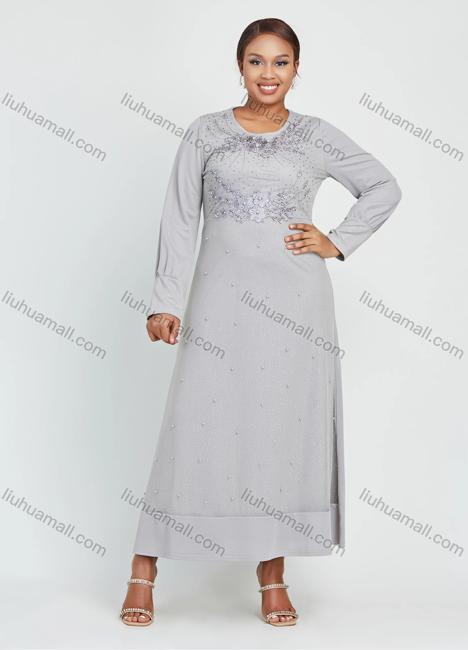 Wholesale Women's Round Neck High Waist Glitter Eyelet Embroidered Pearl Decor Maxi Dress - Liuhuamall