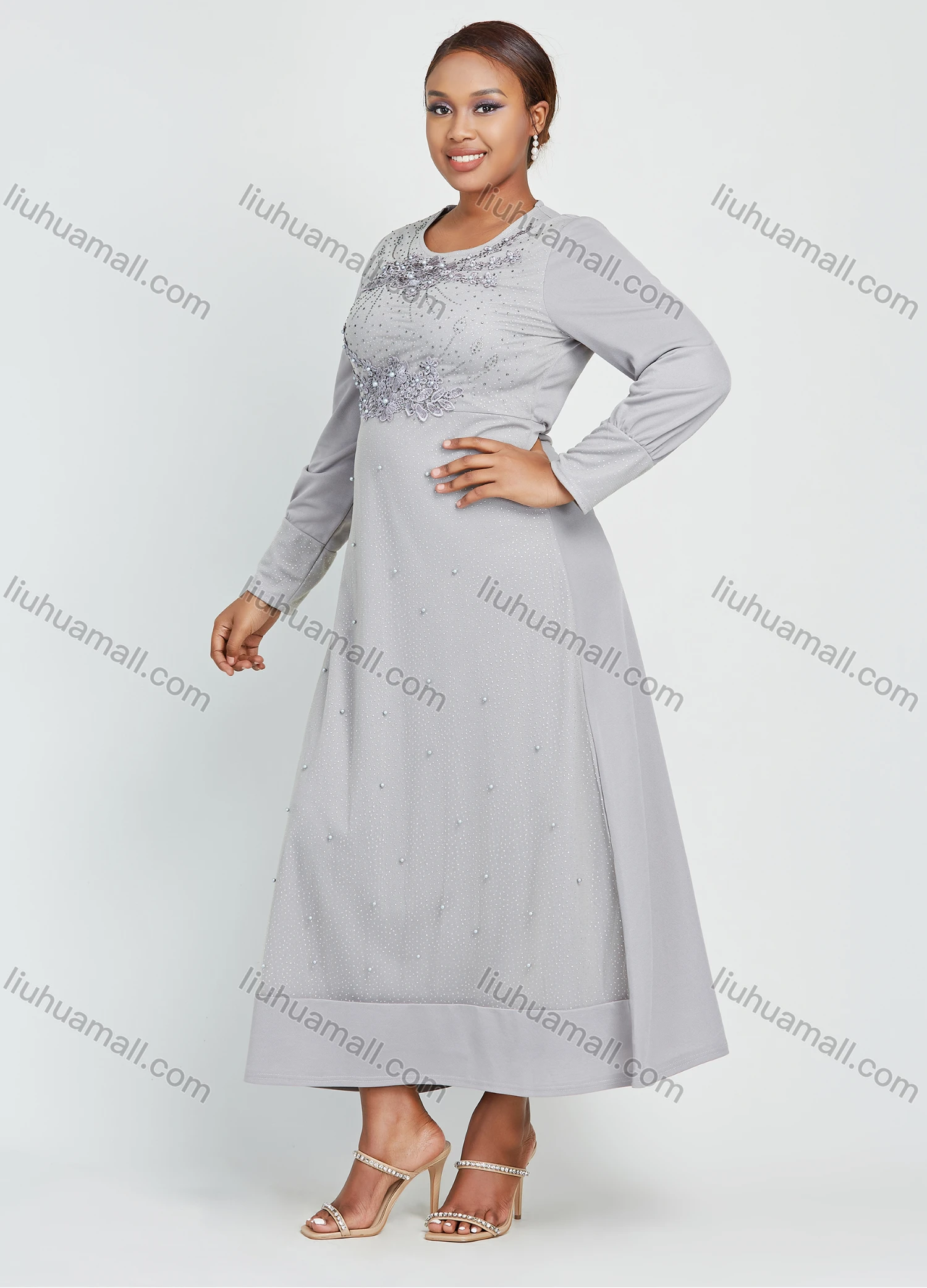 Wholesale Women's Round Neck High Waist Glitter Eyelet Embroidered Pearl Decor Maxi Dress - Liuhuamall