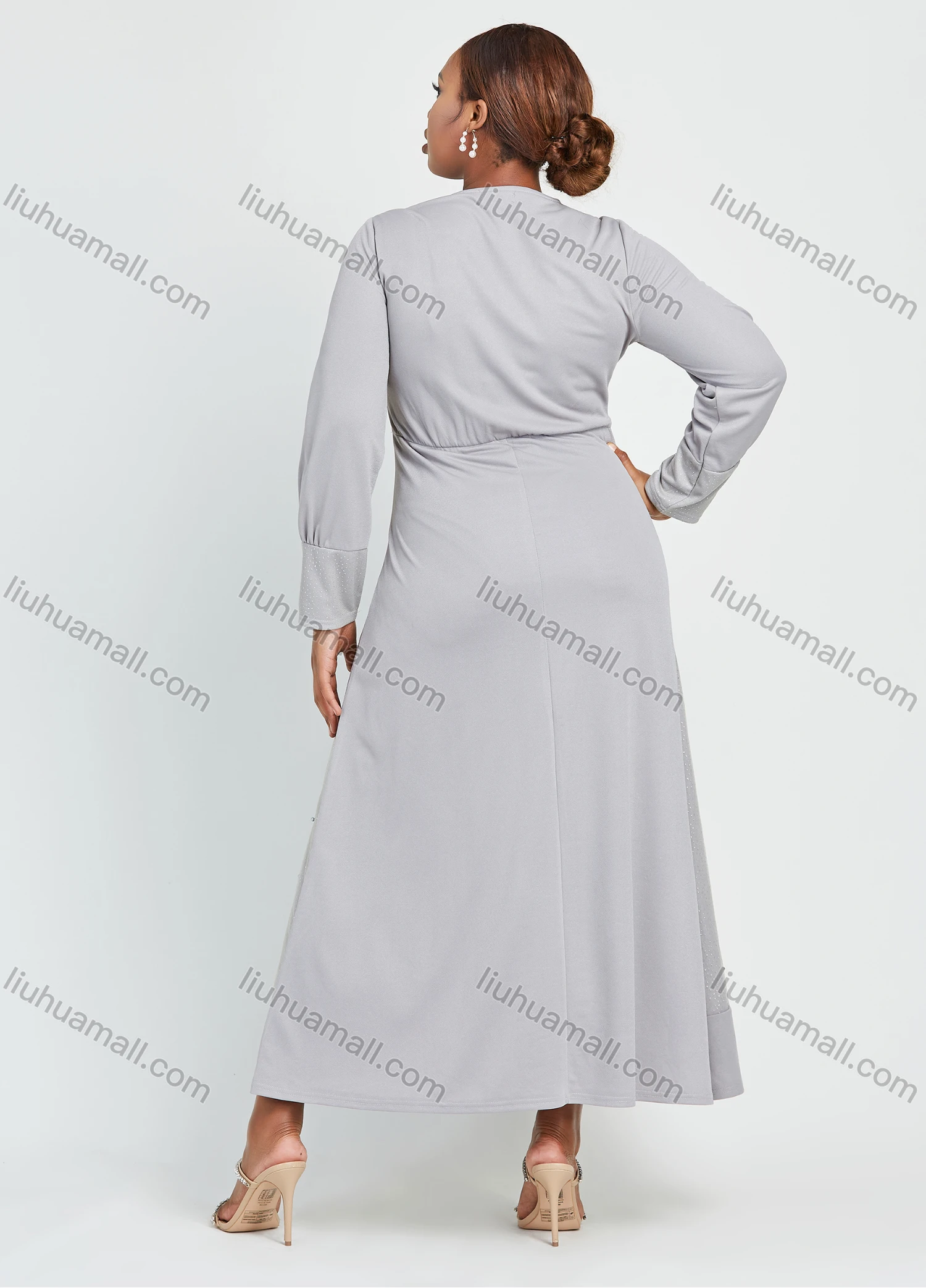 Wholesale Women's Round Neck High Waist Glitter Eyelet Embroidered Pearl Decor Maxi Dress - Liuhuamall