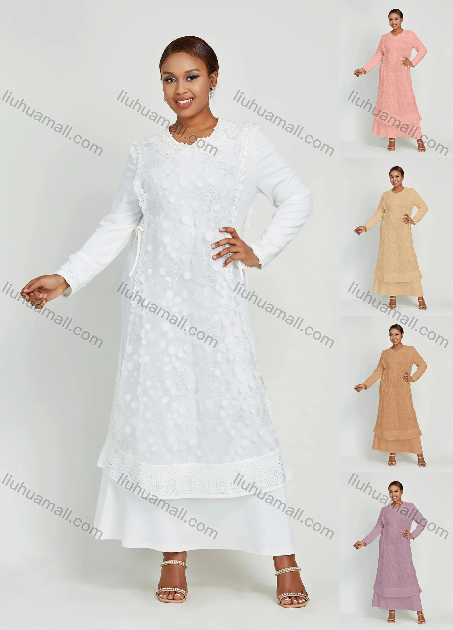 Wholesale Women's Layered Round Neck Applique Side Drawstring Maxi Dress - Liuhuamall