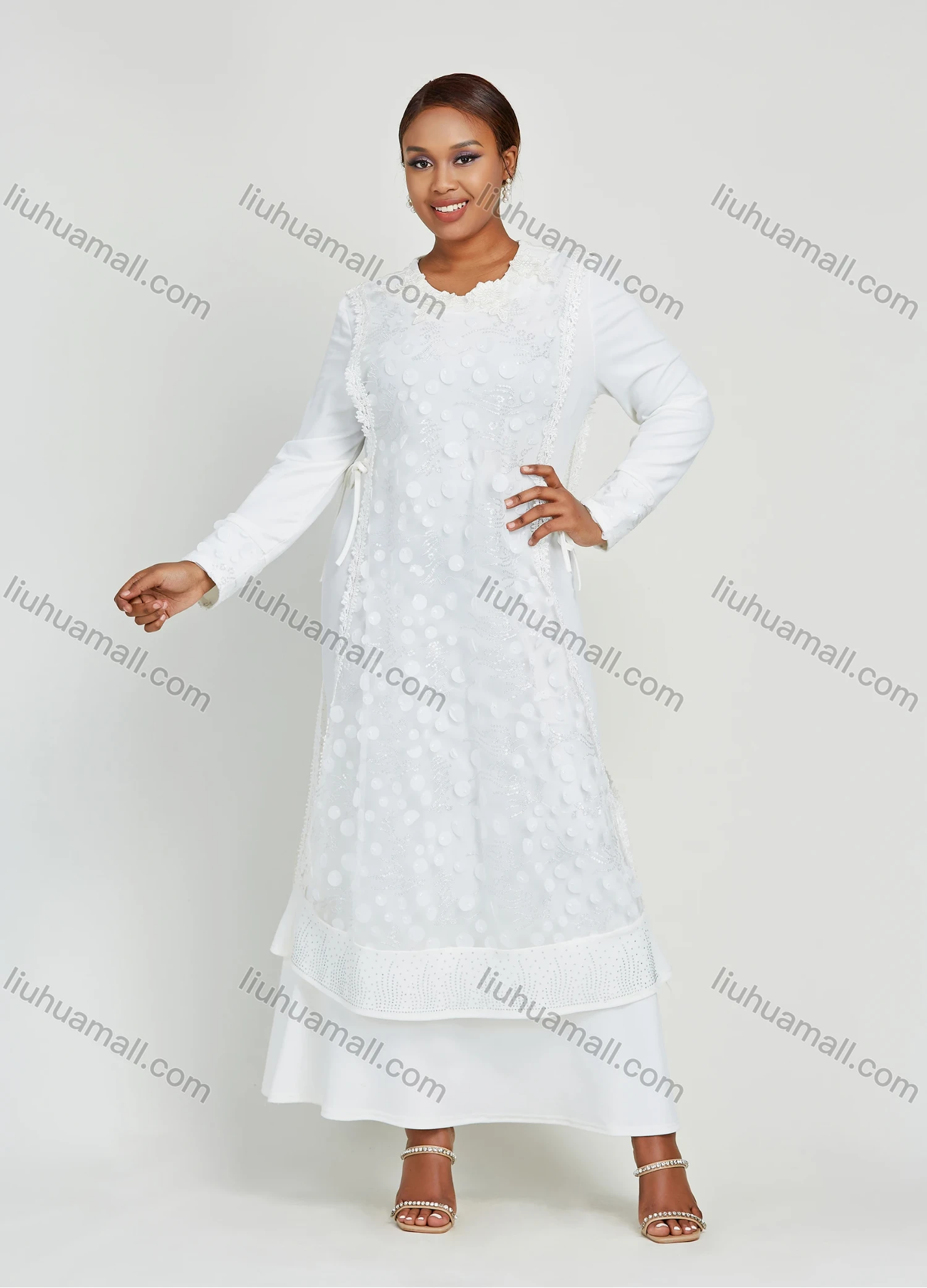 Wholesale Women's Layered Round Neck Applique Side Drawstring Maxi Dress - Liuhuamall