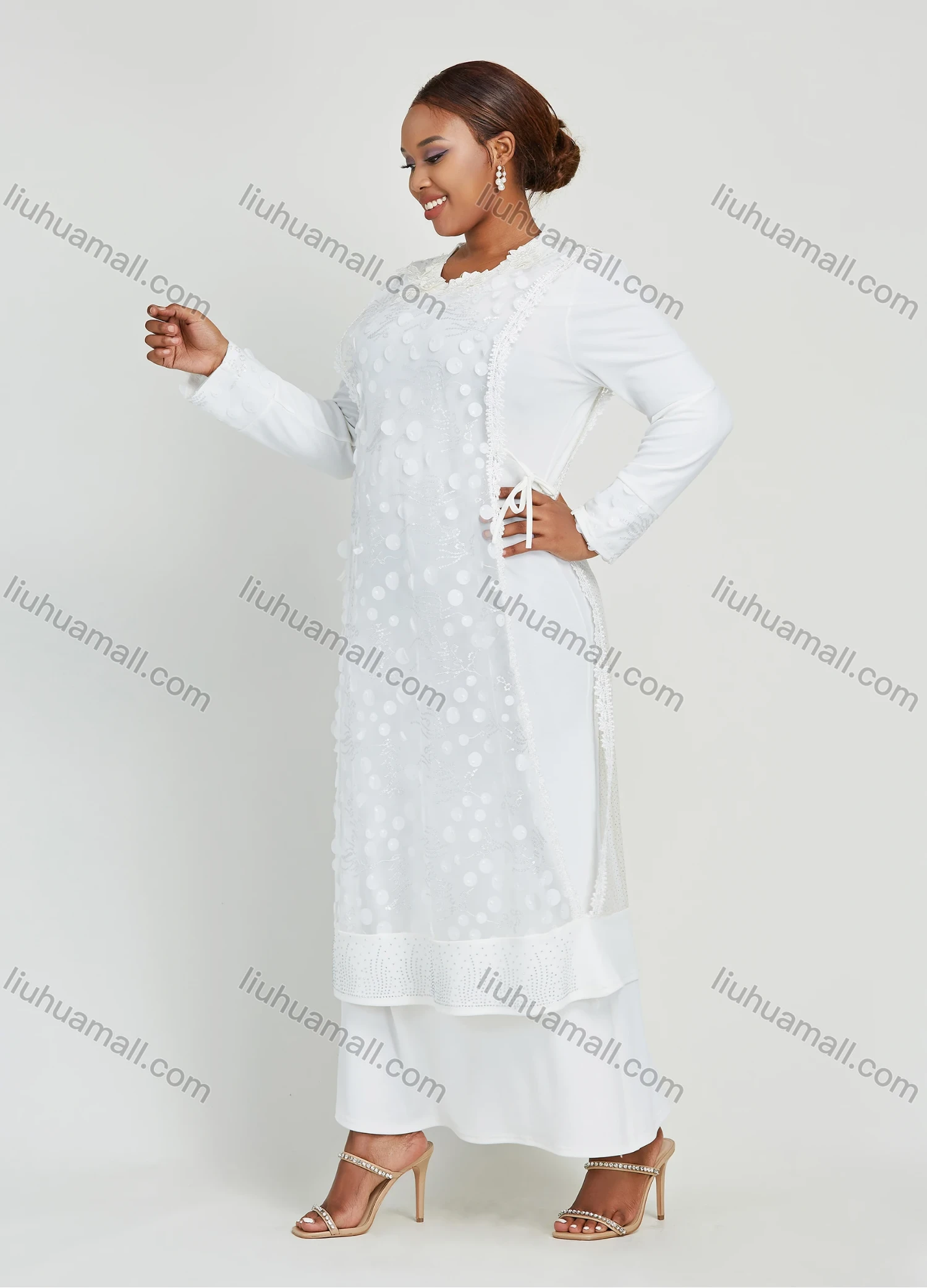 Wholesale Women's Layered Round Neck Applique Side Drawstring Maxi Dress - Liuhuamall