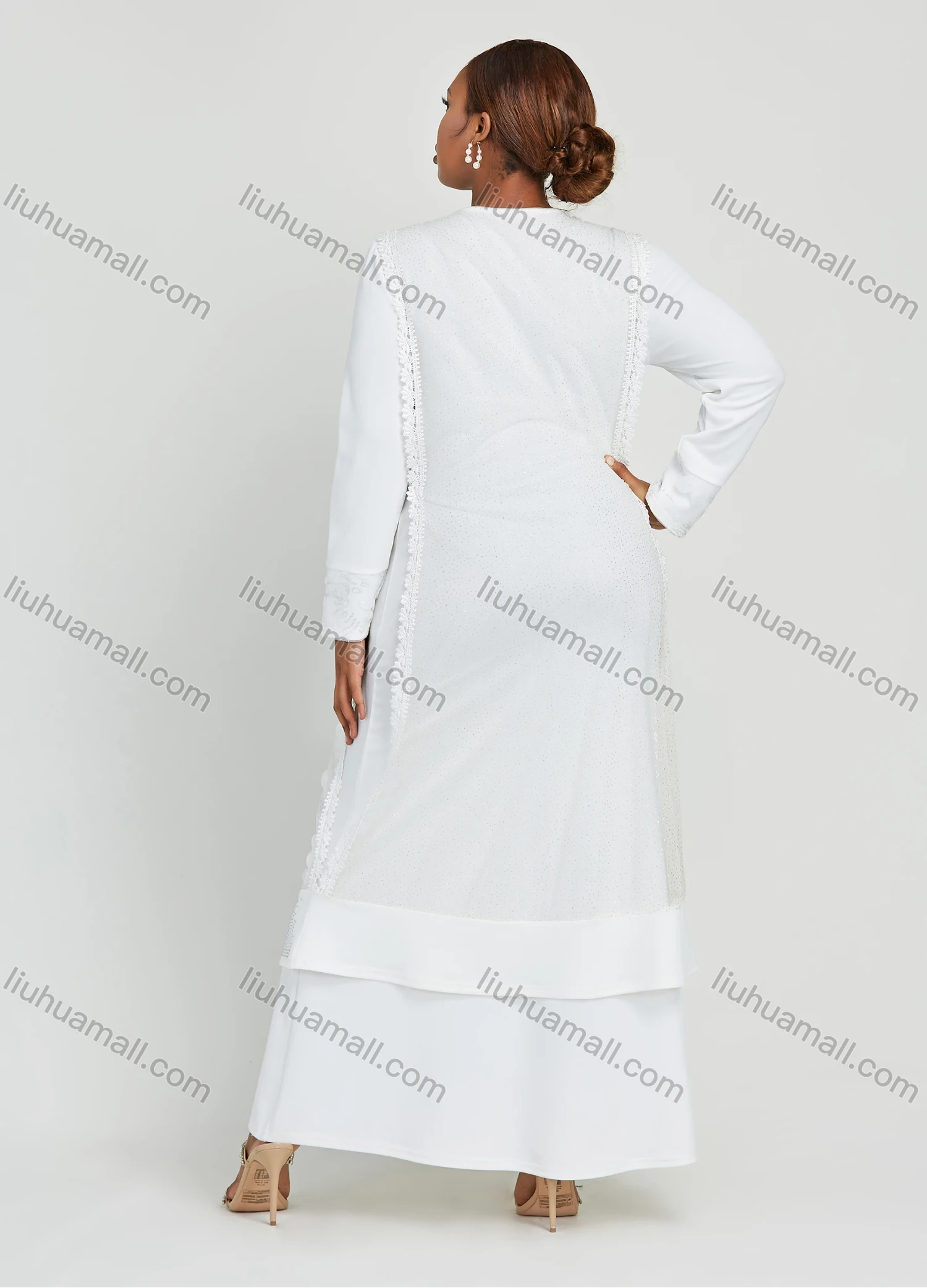 Wholesale Women's Layered Round Neck Applique Side Drawstring Maxi Dress - Liuhuamall