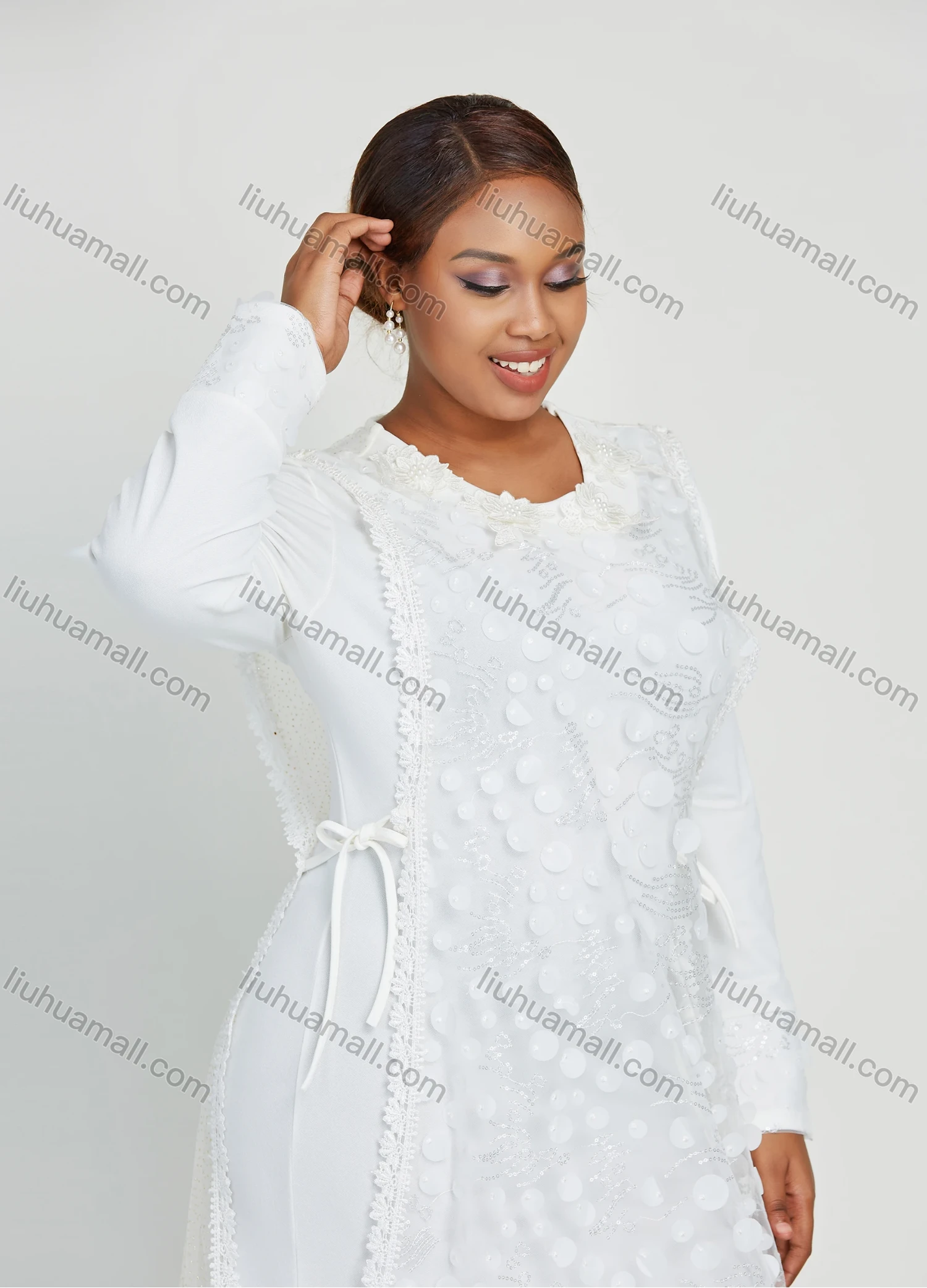 Wholesale Women's Layered Round Neck Applique Side Drawstring Maxi Dress - Liuhuamall