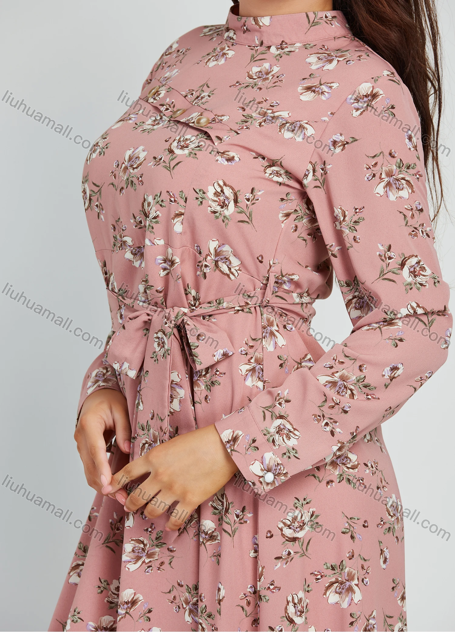 Wholesale Women's Casual Mock Neck Tie Front Floral Print Long Sleeve Midi Dress With Belt - Liuhuamall