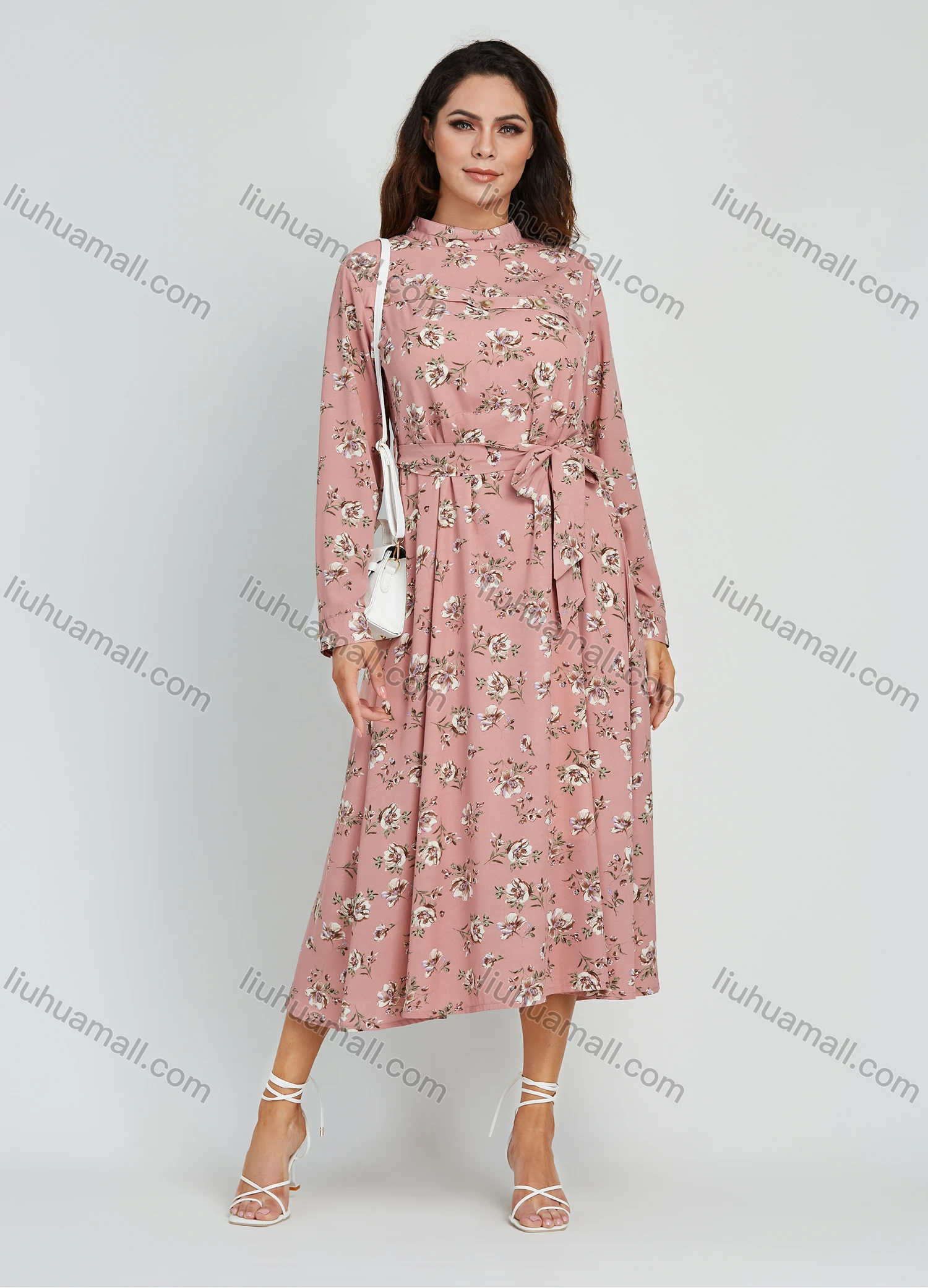 Wholesale Women's Casual Mock Neck Tie Front Floral Print Long Sleeve Midi Dress With Belt - Liuhuamall
