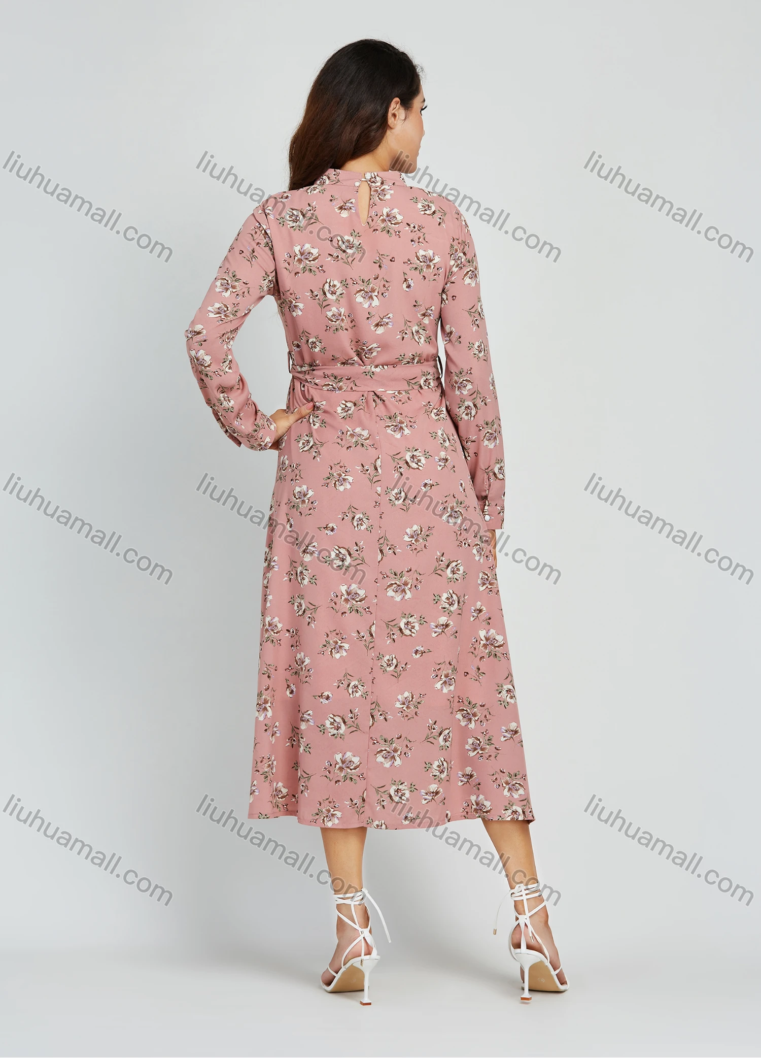 Wholesale Women's Casual Mock Neck Tie Front Floral Print Long Sleeve Midi Dress With Belt - Liuhuamall