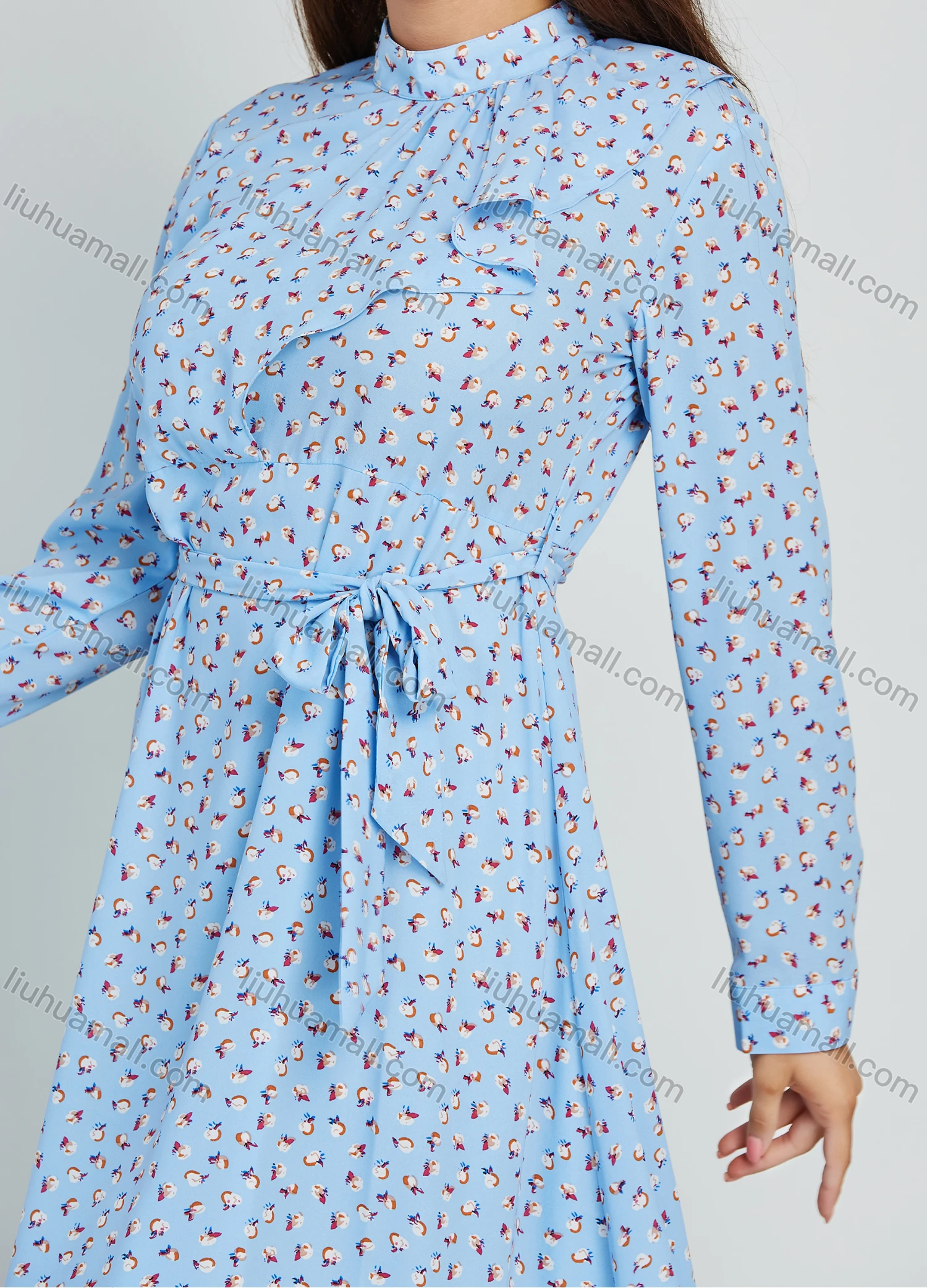 Wholesale Women's Chiffon Allover Floral Print Ruffle Trim High Waist Midi Dress With Belt - Liuhuamall