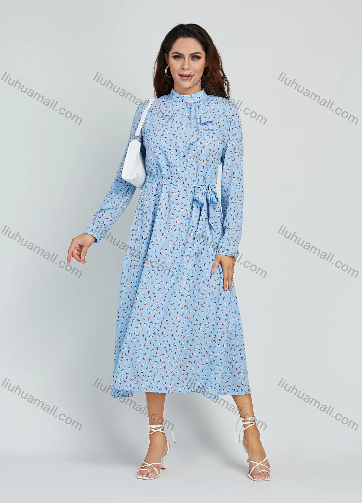 Wholesale Women's Chiffon Allover Floral Print Ruffle Trim High Waist Midi Dress With Belt - Liuhuamall