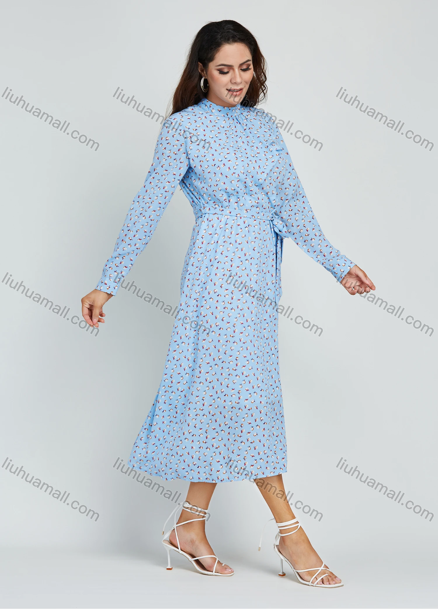 Wholesale Women's Chiffon Allover Floral Print Ruffle Trim High Waist Midi Dress With Belt - Liuhuamall