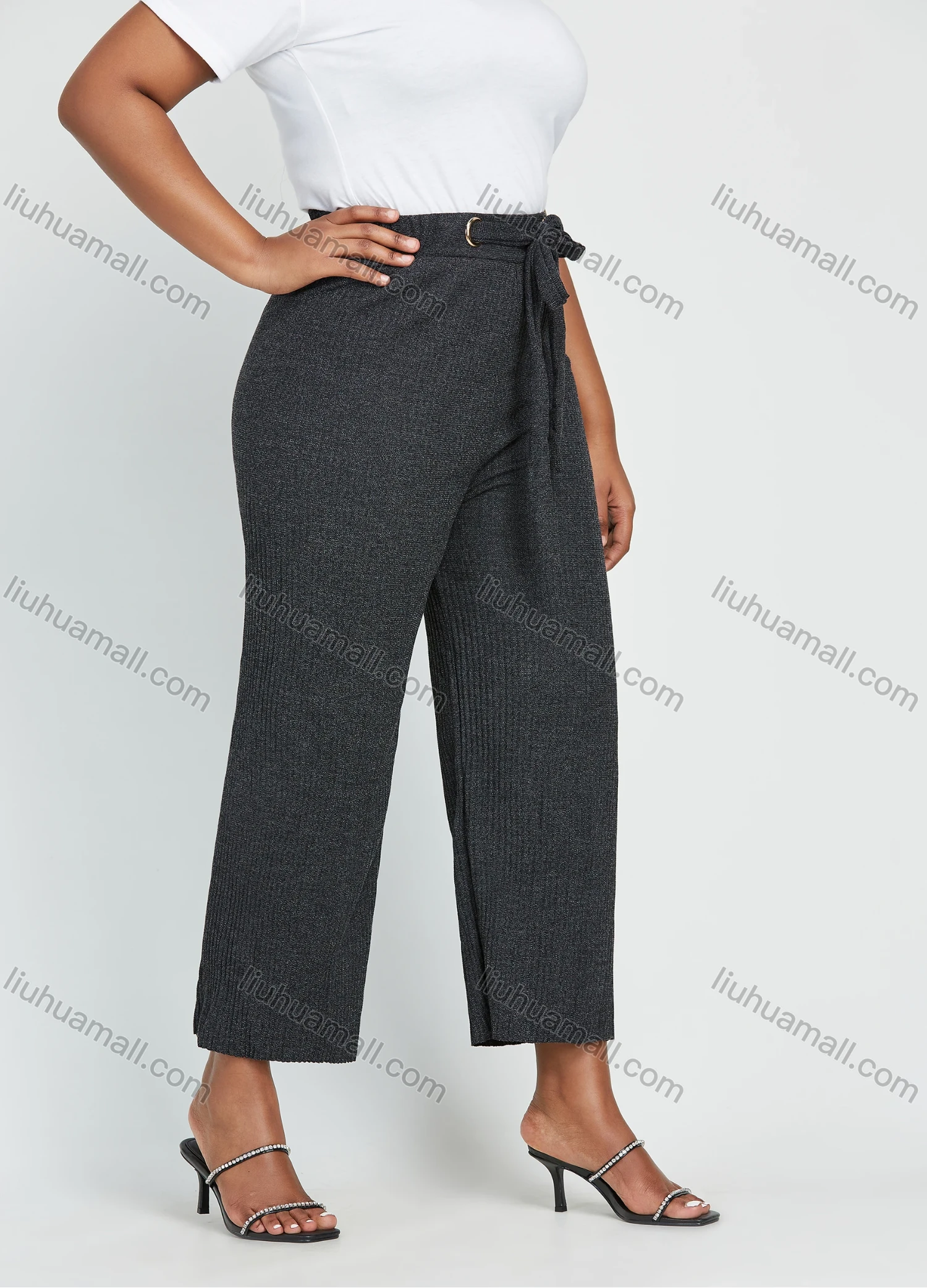 Wholesale Women's Plus Size High Waist Plain Ankle Length Wide Leg Trouser With Belt - Liuhuamall