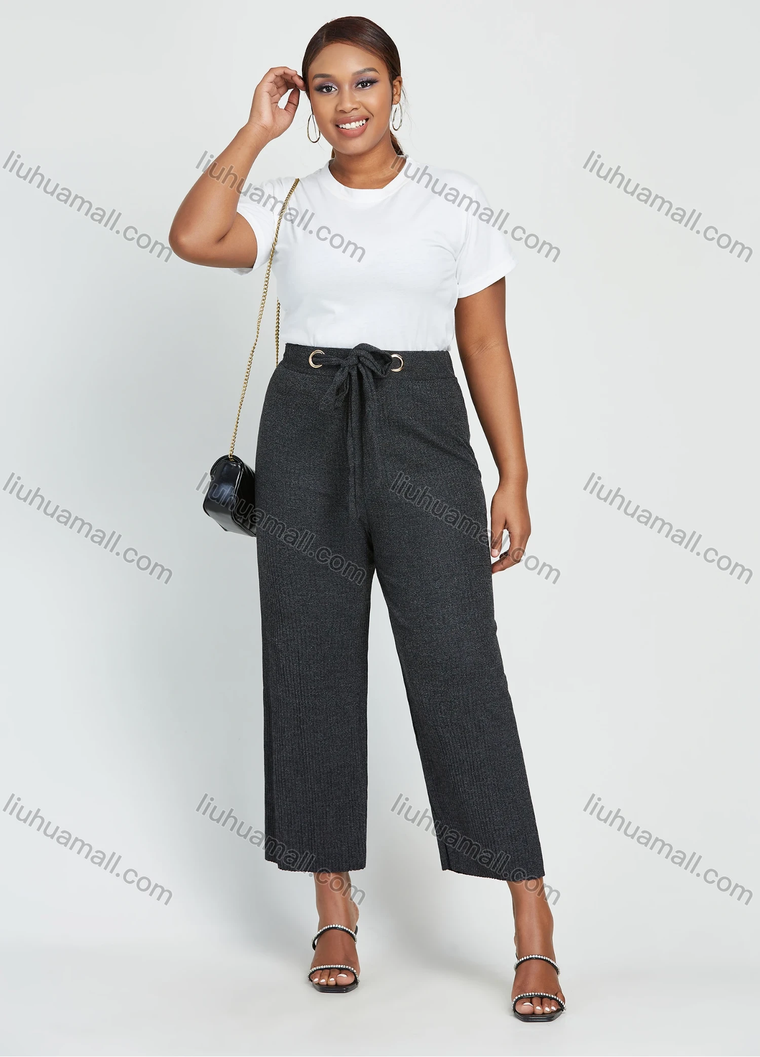 Wholesale Women's Plus Size High Waist Plain Ankle Length Wide Leg Trouser With Belt - Liuhuamall