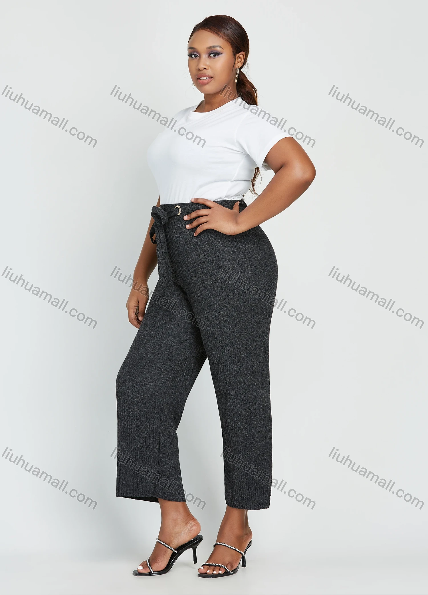 Wholesale Women's Plus Size High Waist Plain Ankle Length Wide Leg Trouser With Belt - Liuhuamall