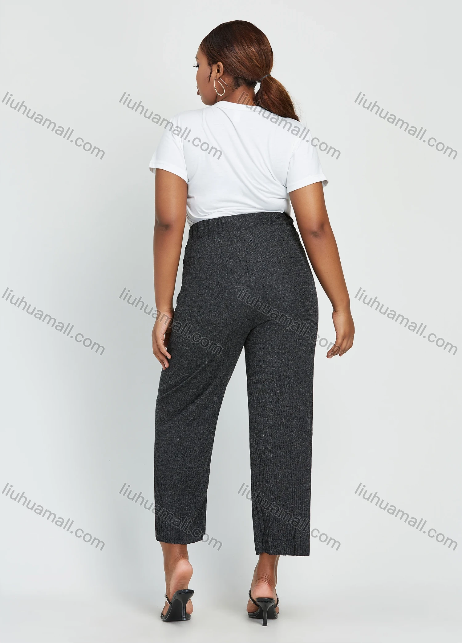 Wholesale Women's Plus Size High Waist Plain Ankle Length Wide Leg Trouser With Belt - Liuhuamall