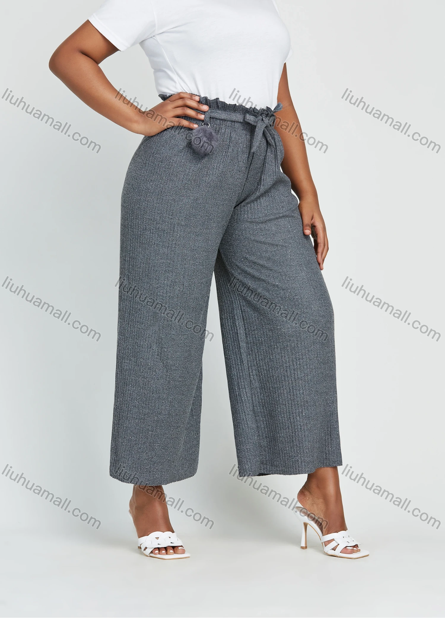 Wholesale Women's Plus Size High Waist Plain Ankle Length Wide Leg Trouser With Belt - Liuhuamall