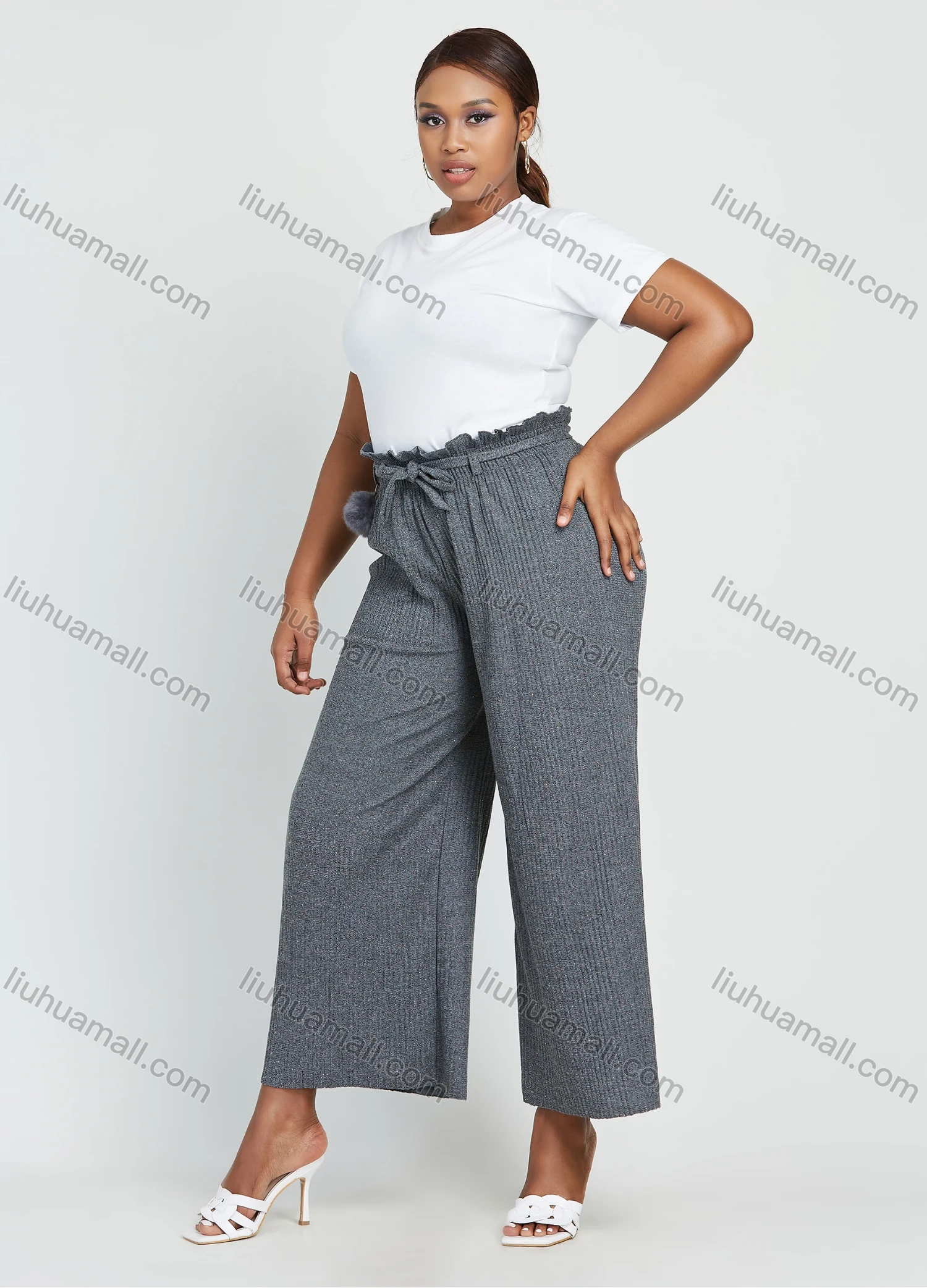 Wholesale Women's Plus Size High Waist Plain Ankle Length Wide Leg Trouser With Belt - Liuhuamall
