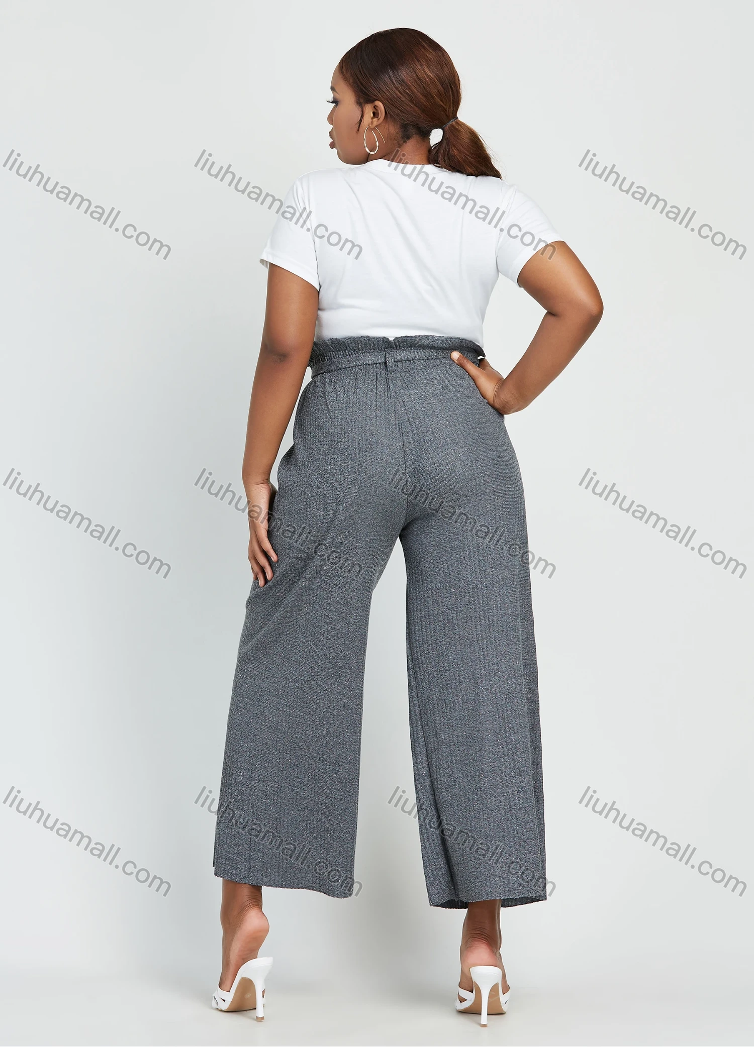 Wholesale Women's Plus Size High Waist Plain Ankle Length Wide Leg Trouser With Belt - Liuhuamall