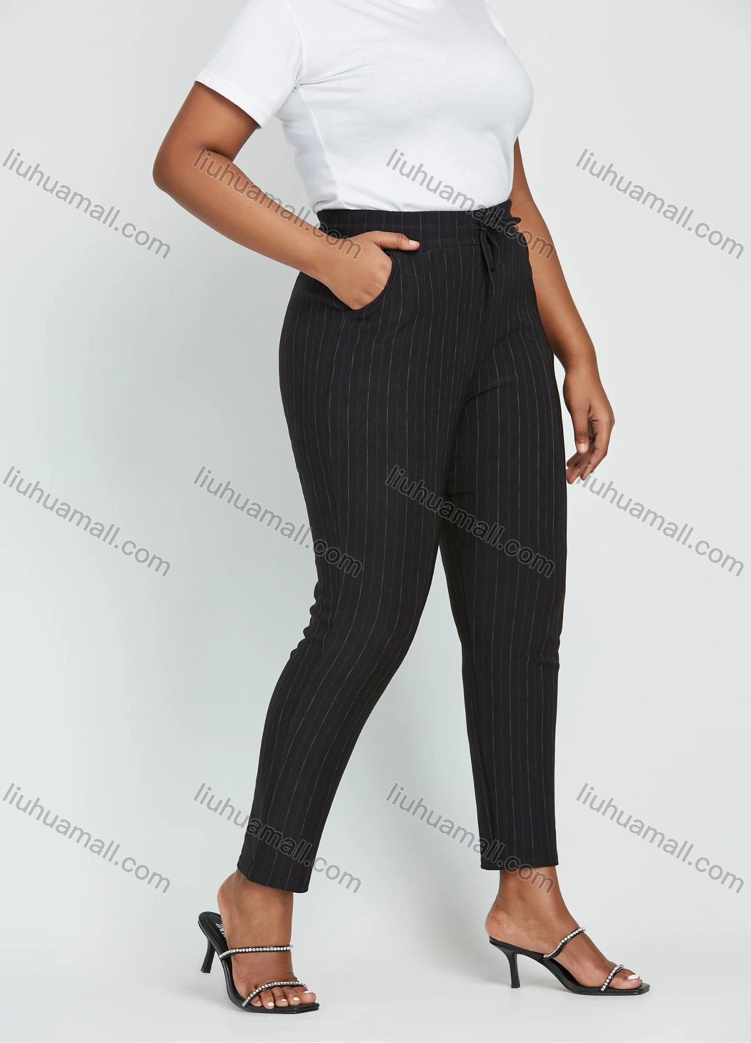 Wholesale Women's Plus Size High Waist Striped Slim Fit Ankle Length Trousers With Drawstring - Liuhuamall