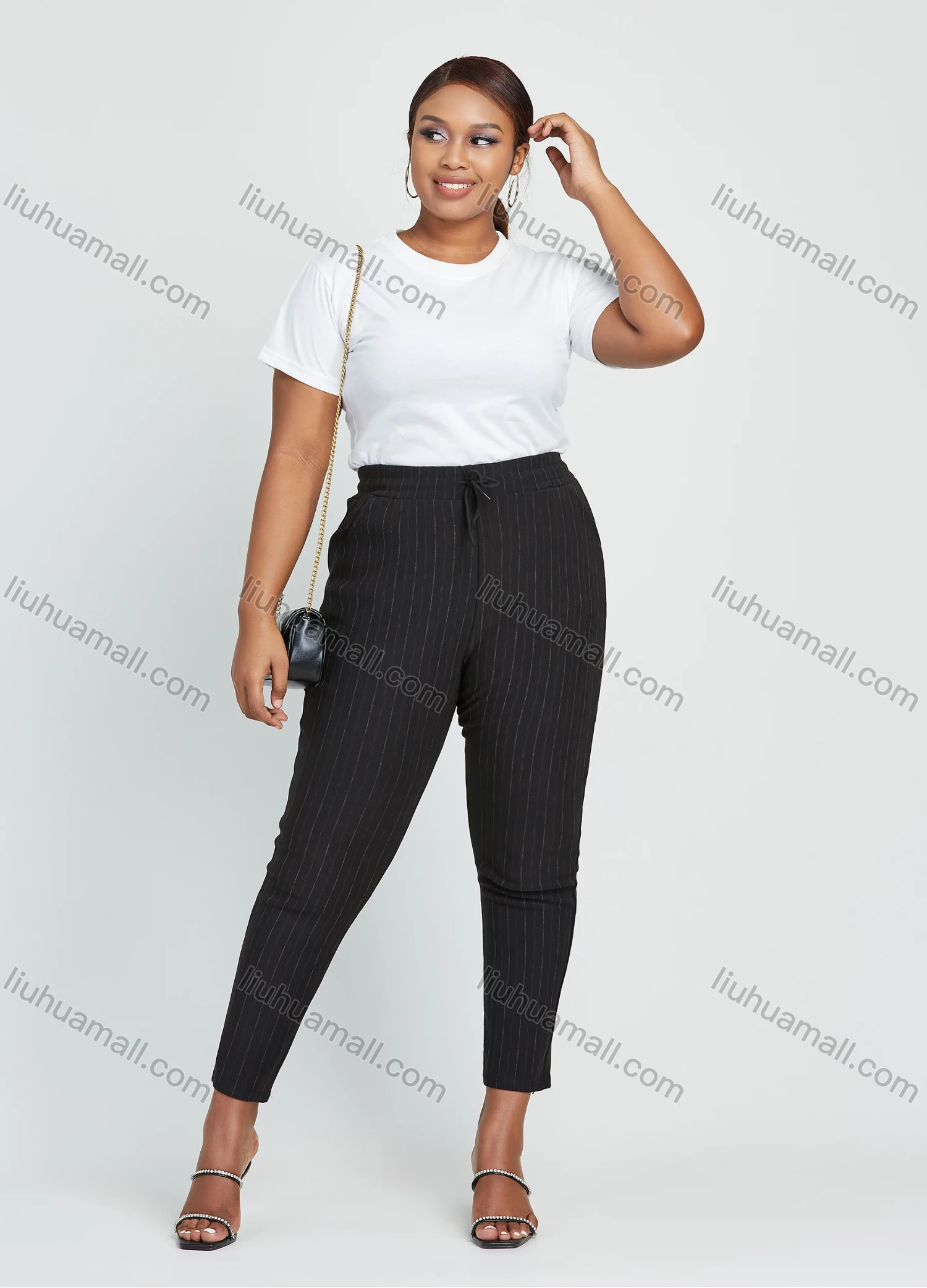 Wholesale Women's Plus Size High Waist Striped Slim Fit Ankle Length Trousers With Drawstring - Liuhuamall
