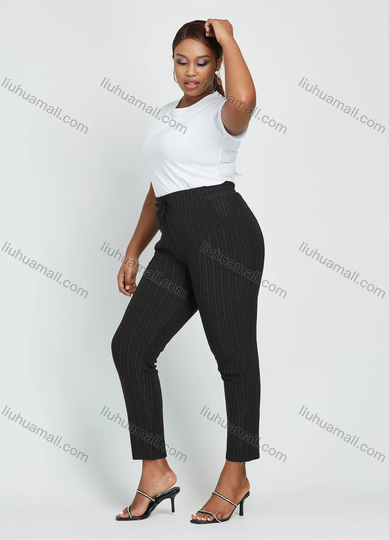 Wholesale Women's Plus Size High Waist Striped Slim Fit Ankle Length Trousers With Drawstring - Liuhuamall