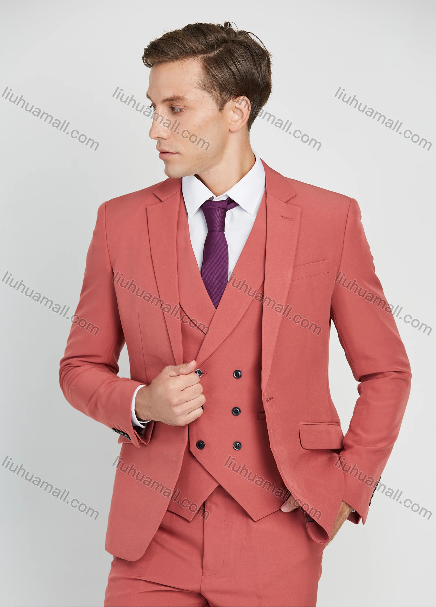 Wholesale Men's Business Lapel One Button Plain Suit Jacket With Waistcoat 3 Piece Set - Liuhuamall