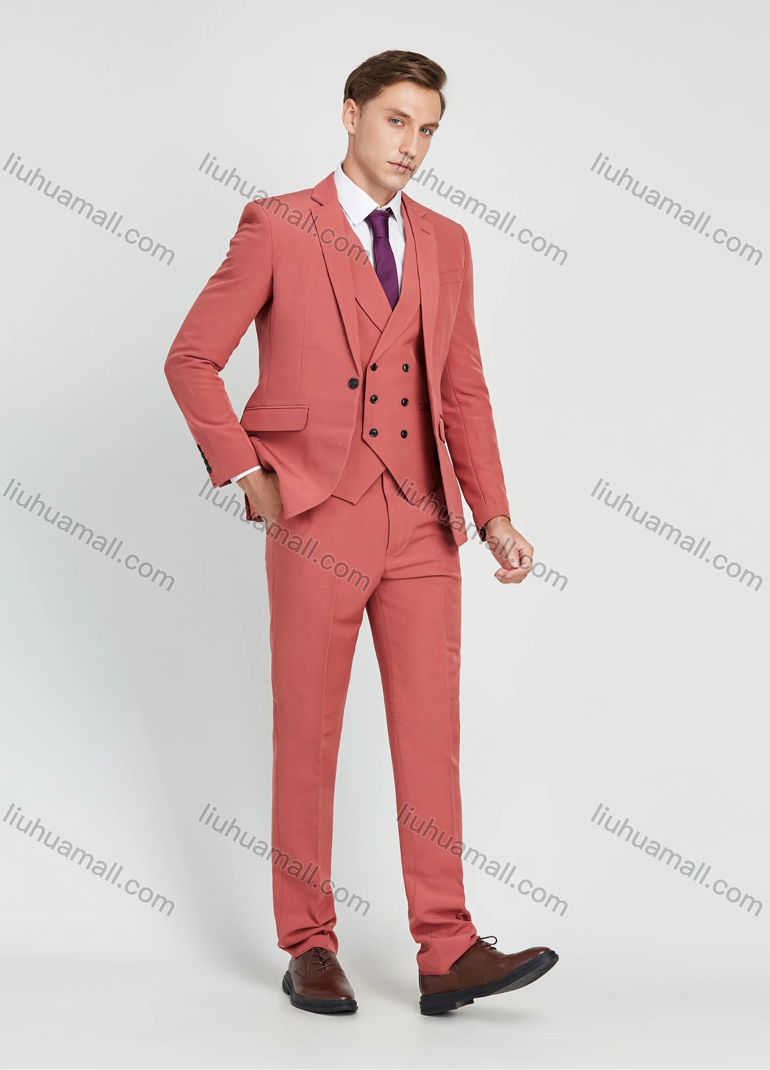 Wholesale Men's Business Lapel One Button Plain Suit Jacket With Waistcoat 3 Piece Set - Liuhuamall