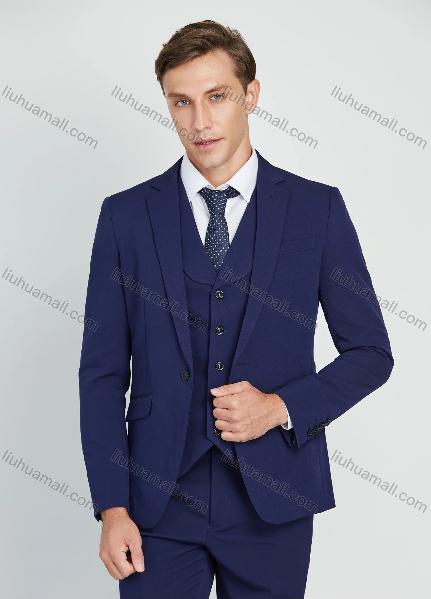 Wholesale Men's Business Lapel One Button Plain Suit Jacket With Waistcoat 3 Piece Set - Liuhuamall