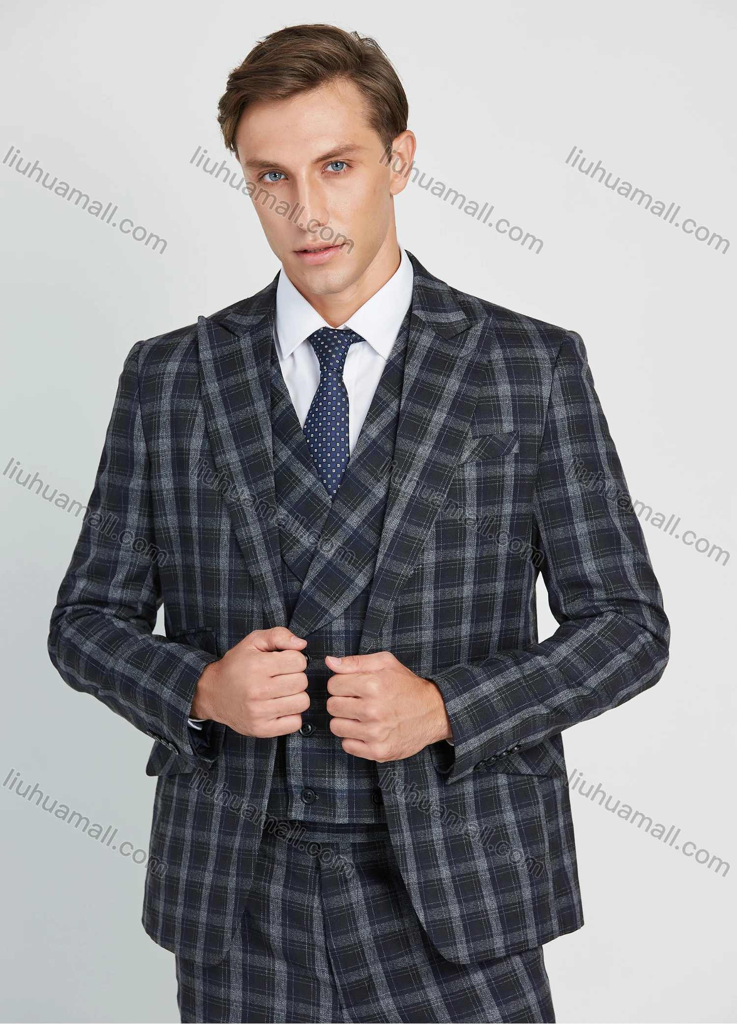 Wholesale Men's Business Lapel One Button Plaid Print Suit Jacket With Waistcoat 3 Piece Set - Liuhuamall
