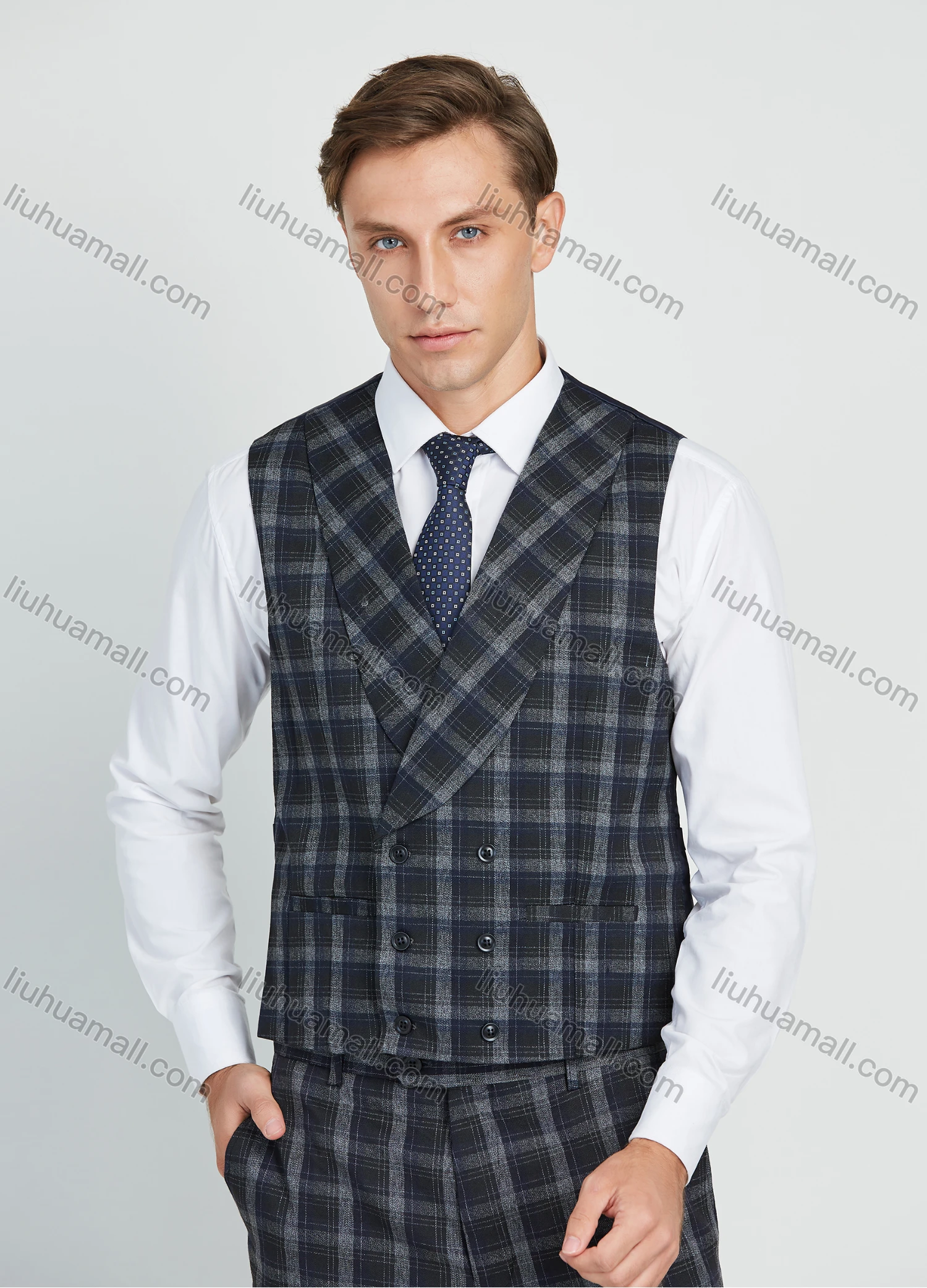 Wholesale Men's Business Lapel One Button Plaid Print Suit Jacket With Waistcoat 3 Piece Set - Liuhuamall