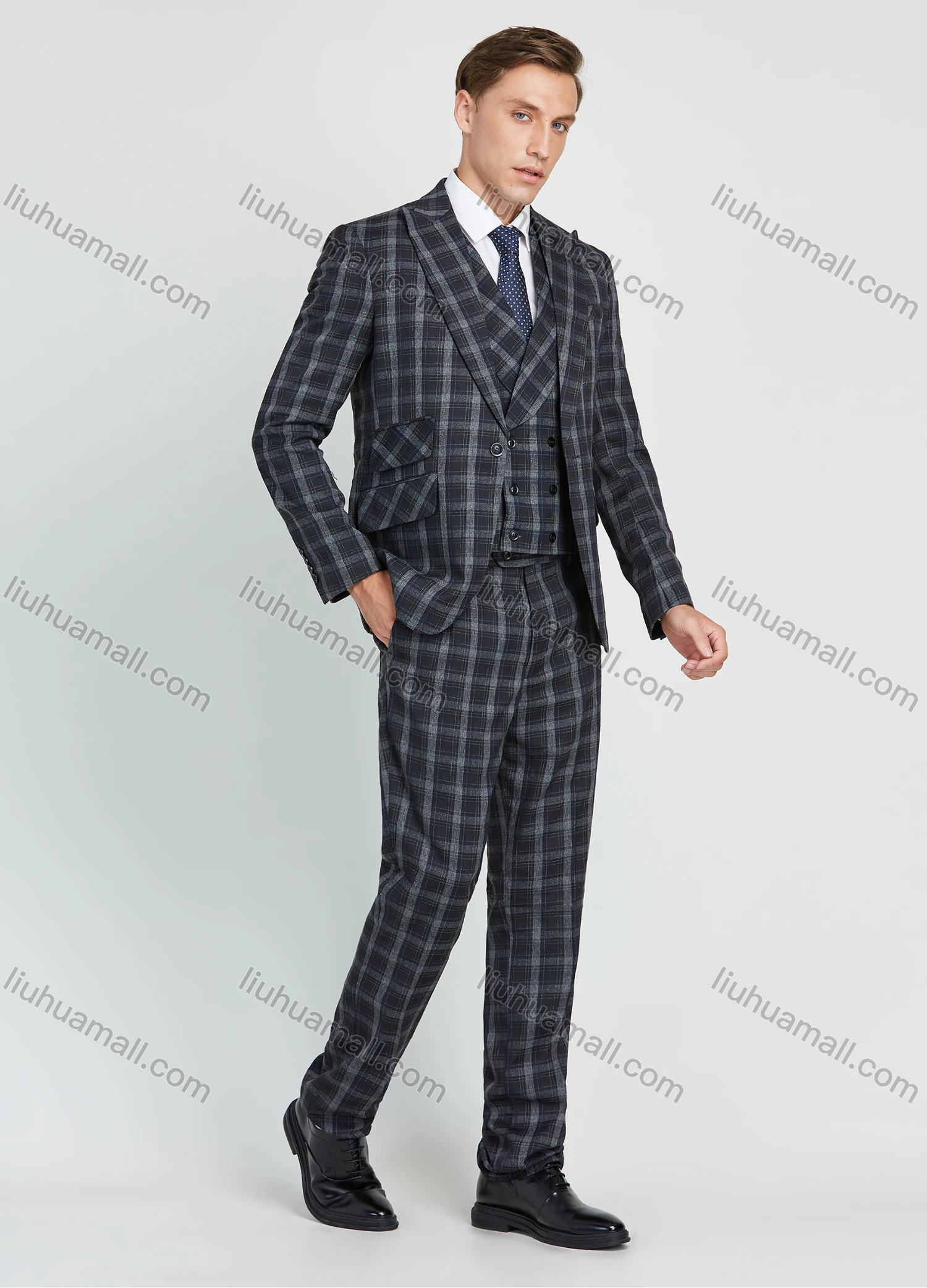 Wholesale Men's Business Lapel One Button Plaid Print Suit Jacket With Waistcoat 3 Piece Set - Liuhuamall