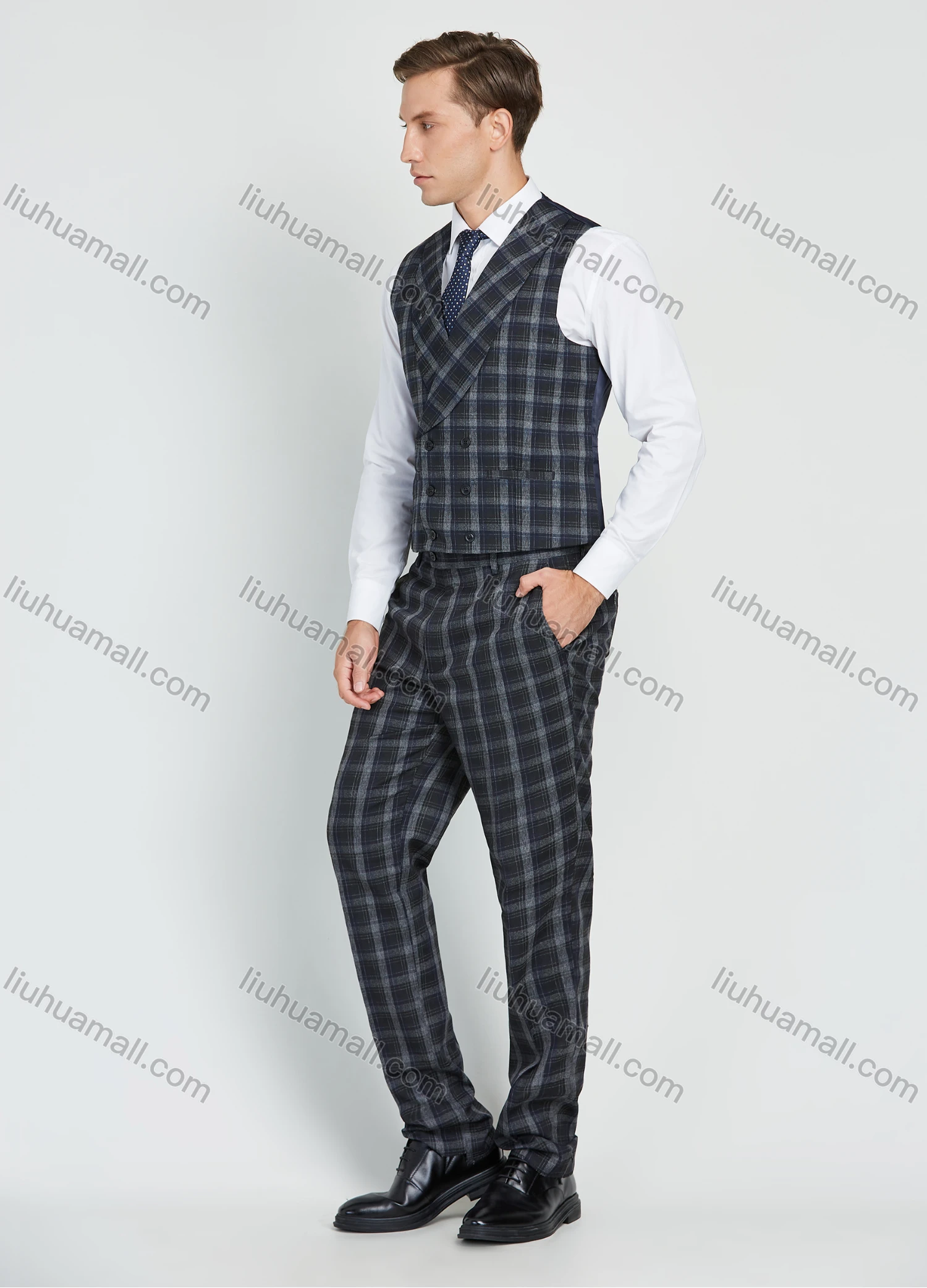 Wholesale Men's Business Lapel One Button Plaid Print Suit Jacket With Waistcoat 3 Piece Set - Liuhuamall