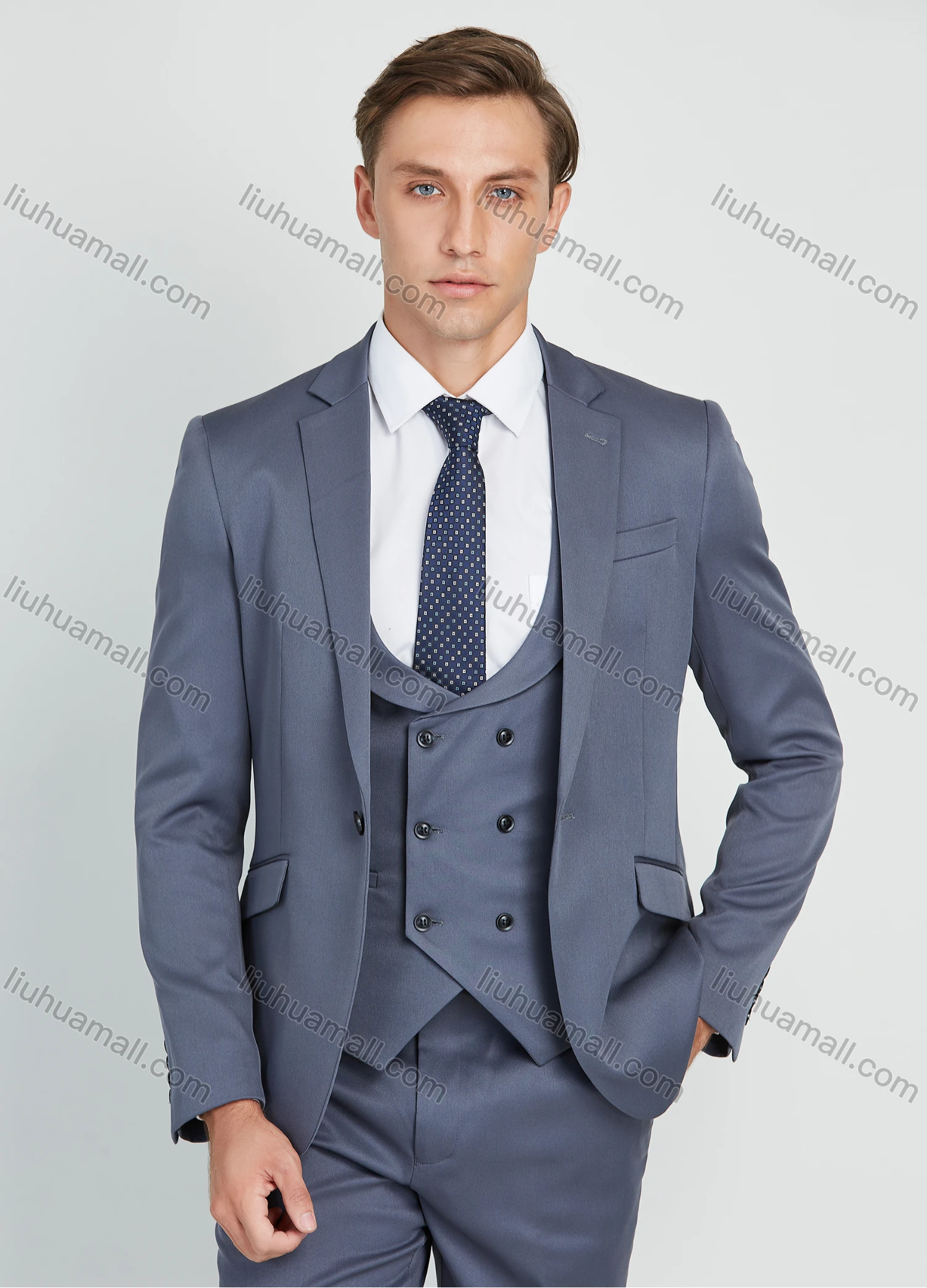 Wholesale Men's Business Lapel One Button Plain Suit Jacket With Waistcoat 3 Piece Set - Liuhuamall