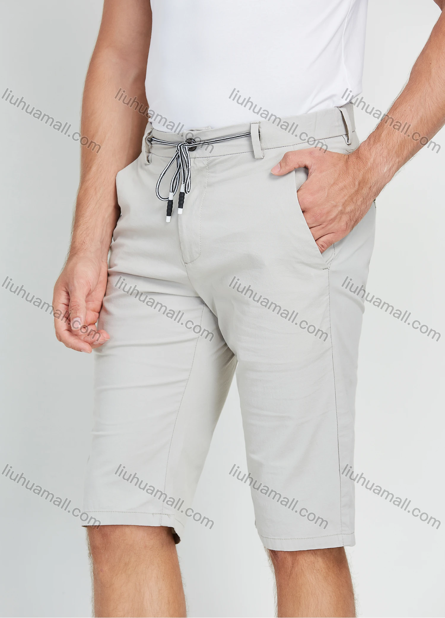 Wholesale Men's Casual Plain Slim Fit Button Zipper Fly Drawstring 11" Shorts - Liuhuamall
