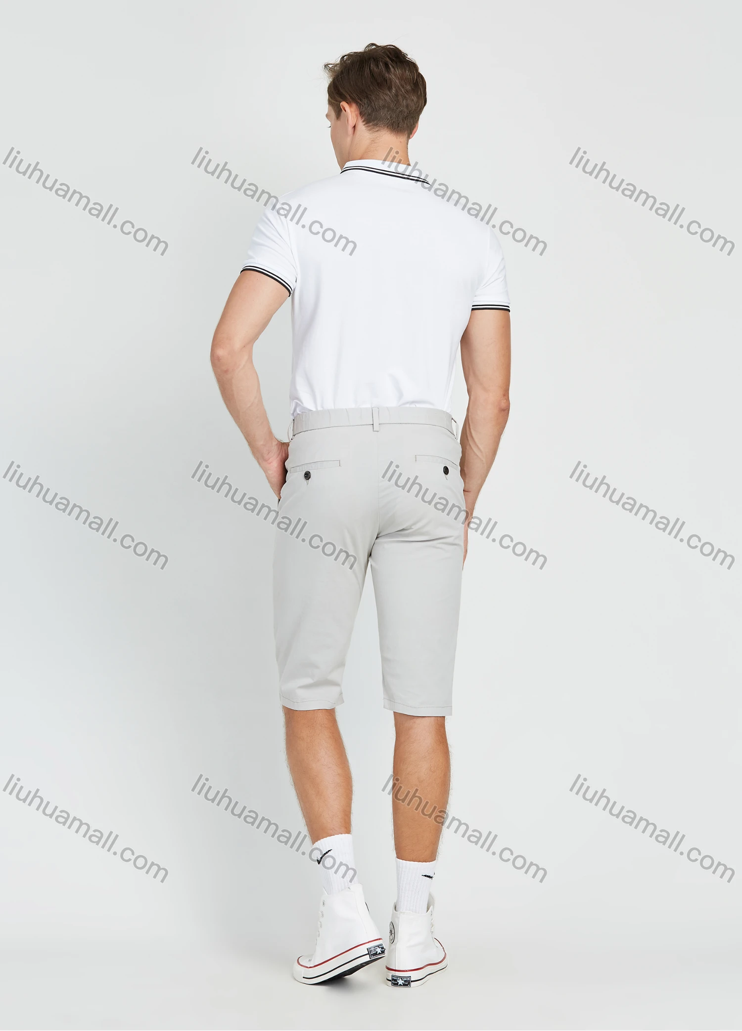 Wholesale Men's Casual Plain Slim Fit Button Zipper Fly Drawstring 11" Shorts - Liuhuamall