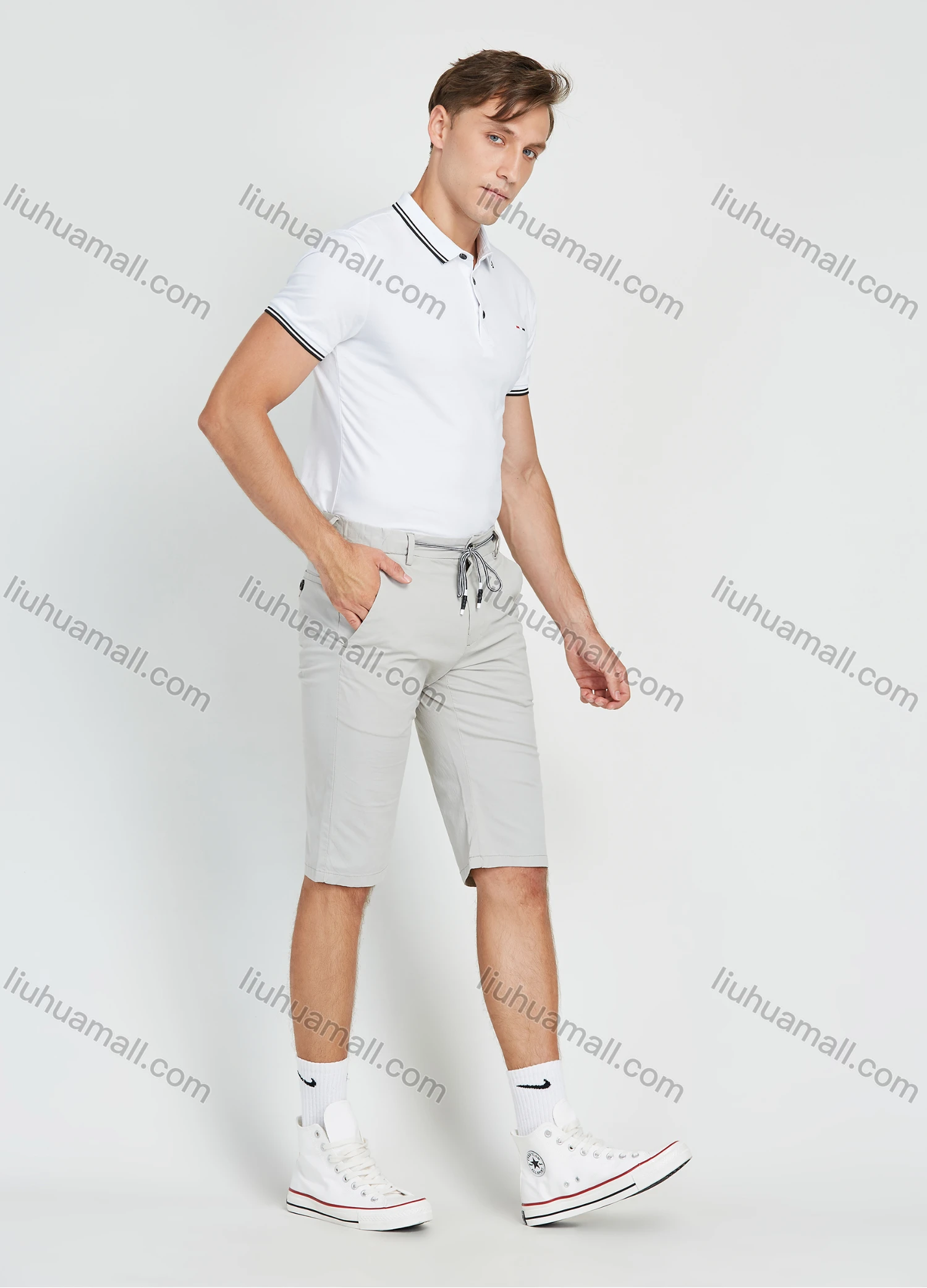 Wholesale Men's Casual Plain Slim Fit Button Zipper Fly Drawstring 11" Shorts - Liuhuamall