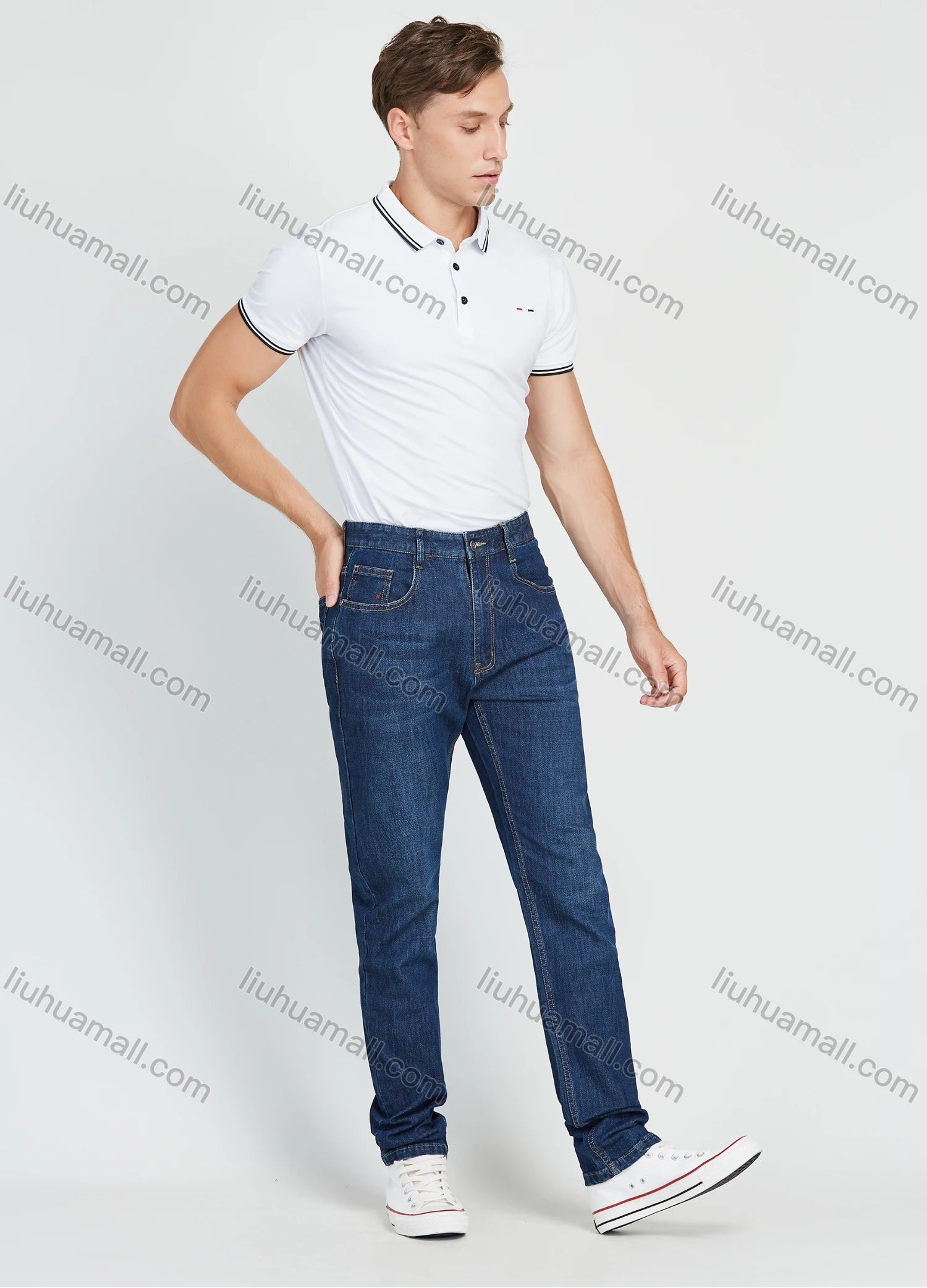 Wholesale Men's Casual 5 Pockets Zipper Fly Button Denim Straight Leg Jeans - Liuhuamall