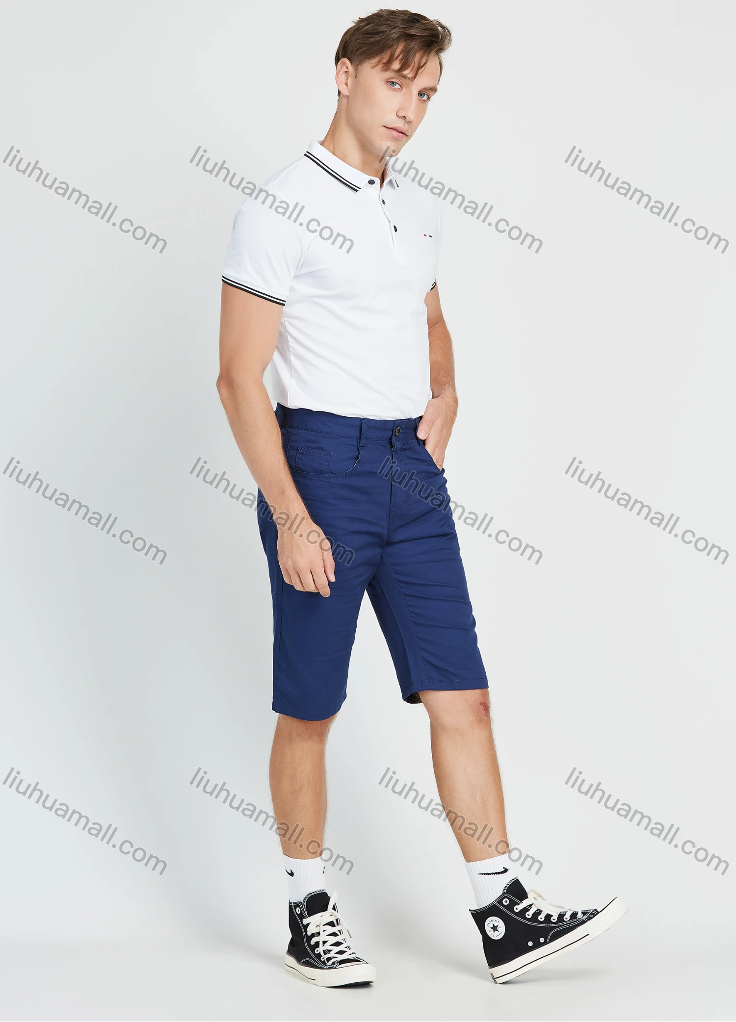 Wholesale Men's Cotton 5 Pocket Zipper Fly Button Plain Casual 11" Shorts - Liuhuamall