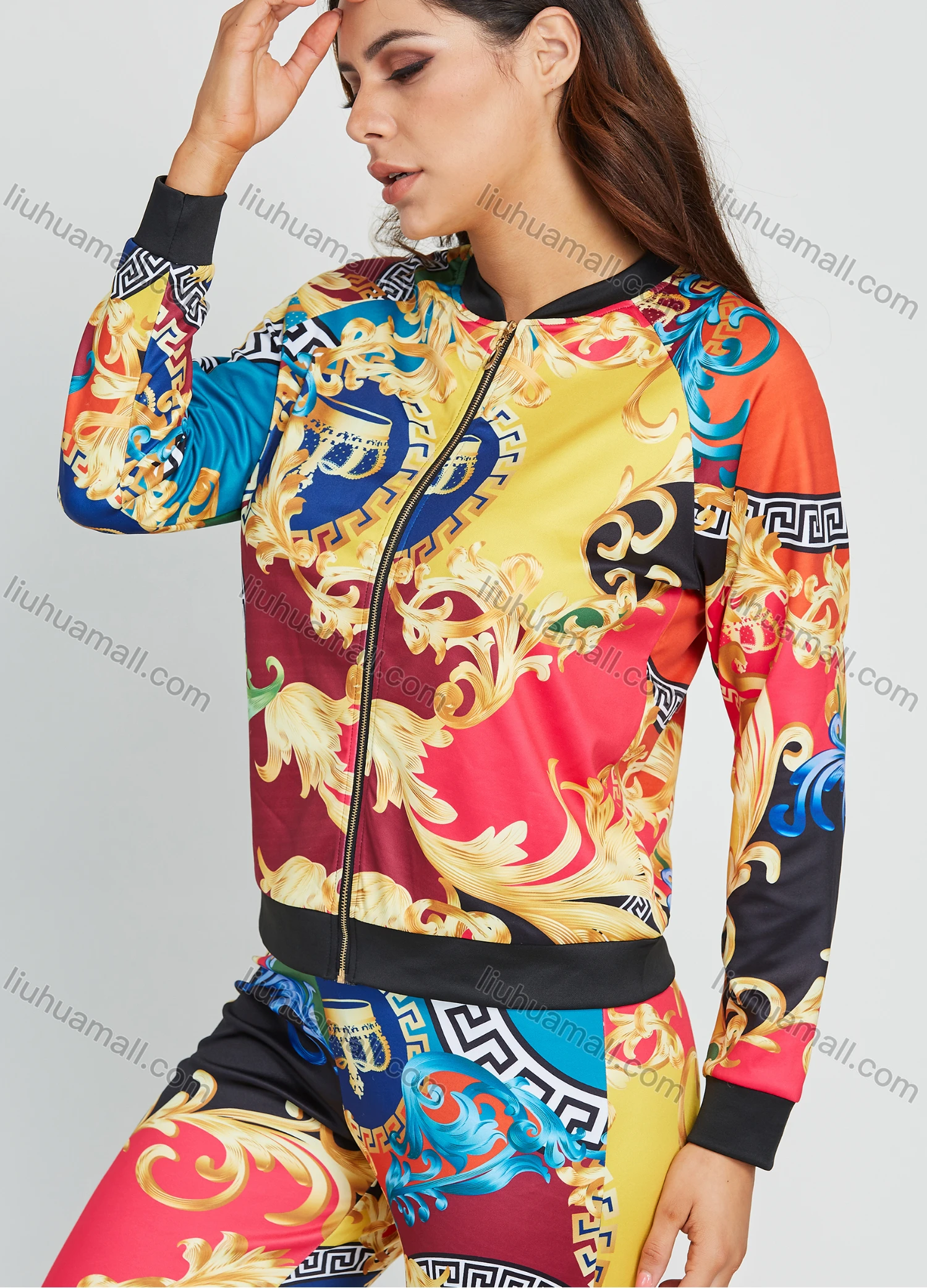 Wholesale Women's Fashion Multicolor Baroque Print Zip Jacket 2 Piece Set - Liuhuamall