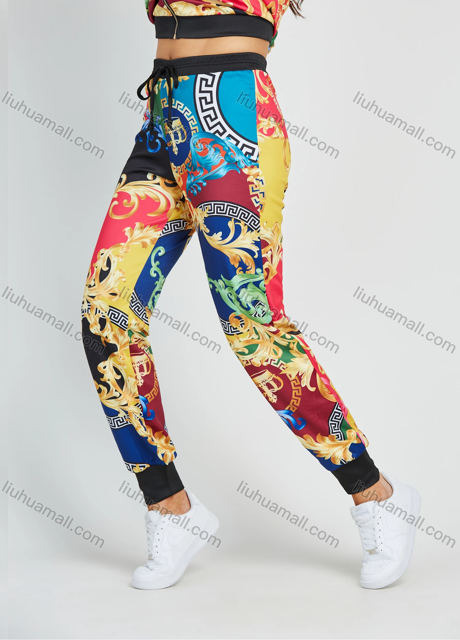 Wholesale Women's Fashion Multicolor Baroque Print Zip Jacket 2 Piece Set - Liuhuamall