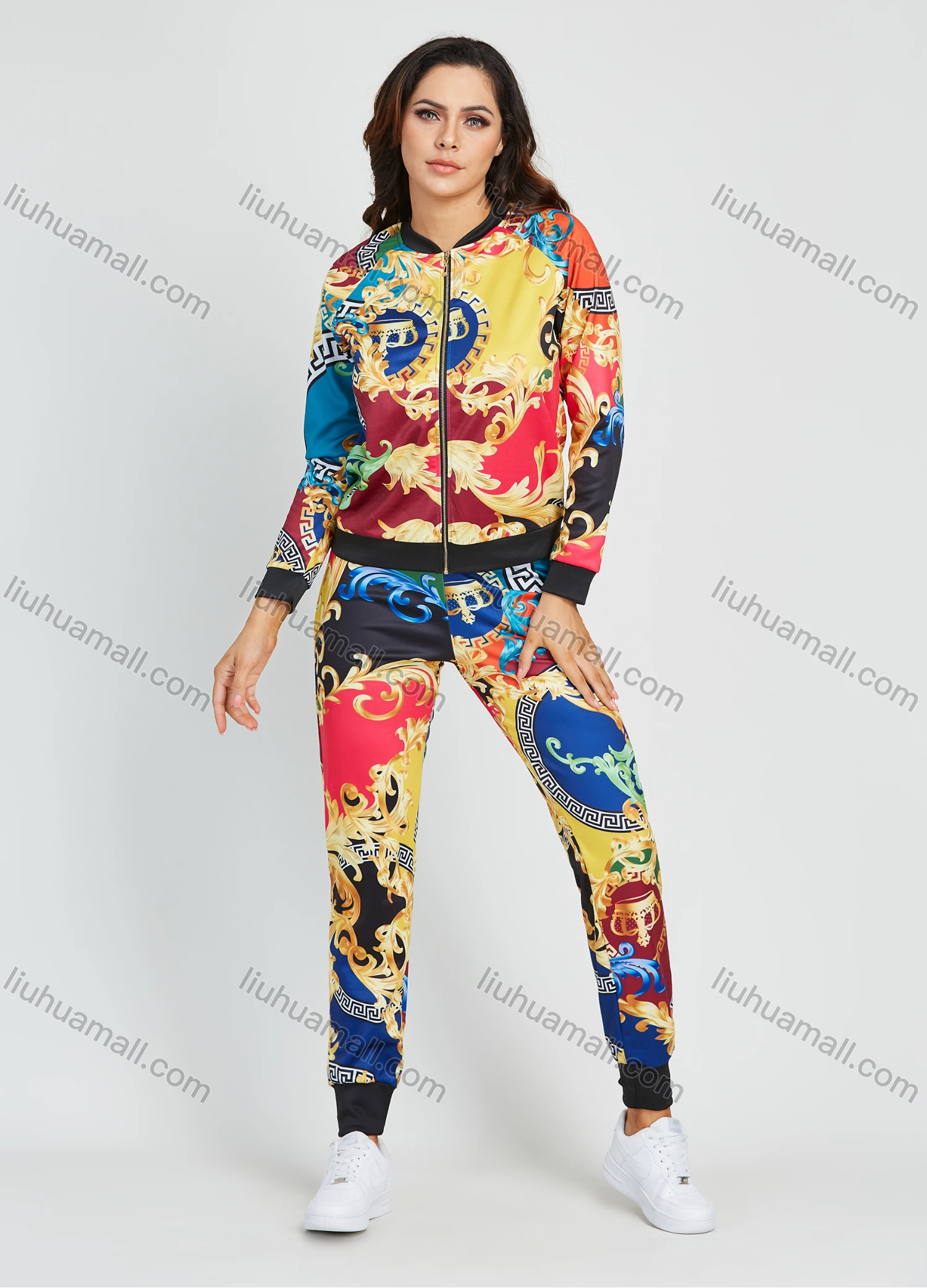 Wholesale Women's Fashion Multicolor Baroque Print Zip Jacket 2 Piece Set - Liuhuamall