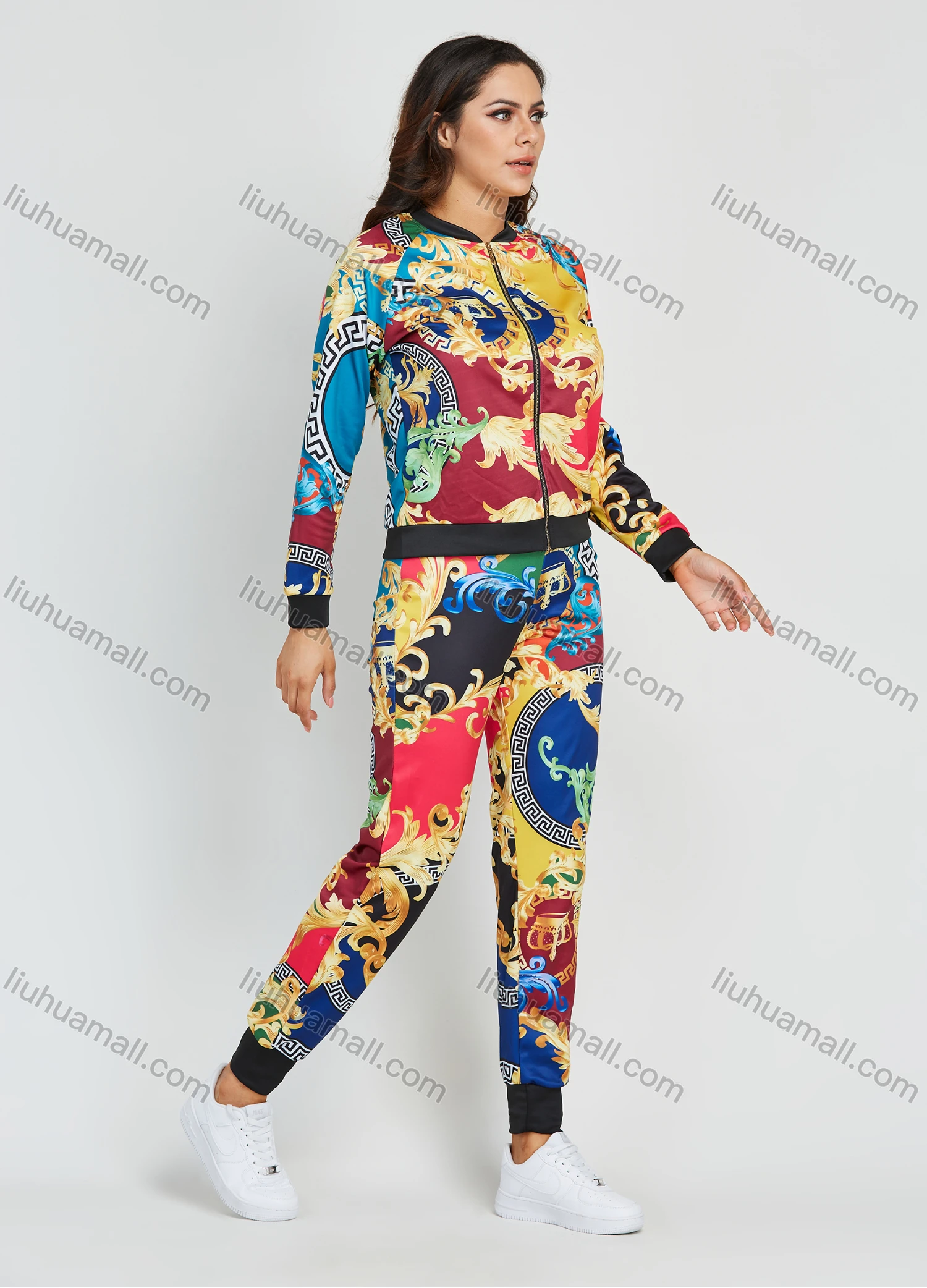 Wholesale Women's Fashion Multicolor Baroque Print Zip Jacket 2 Piece Set - Liuhuamall