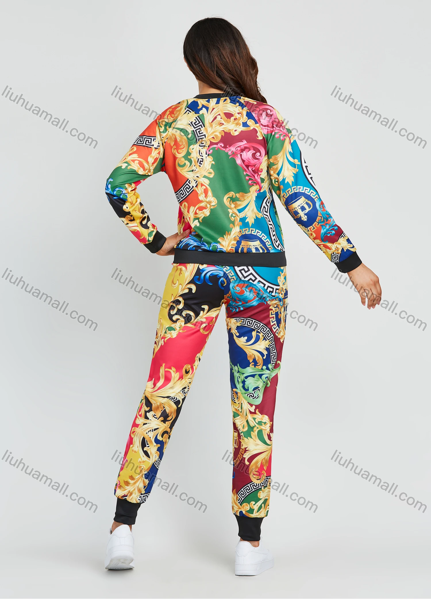 Wholesale Women's Fashion Multicolor Baroque Print Zip Jacket 2 Piece Set - Liuhuamall