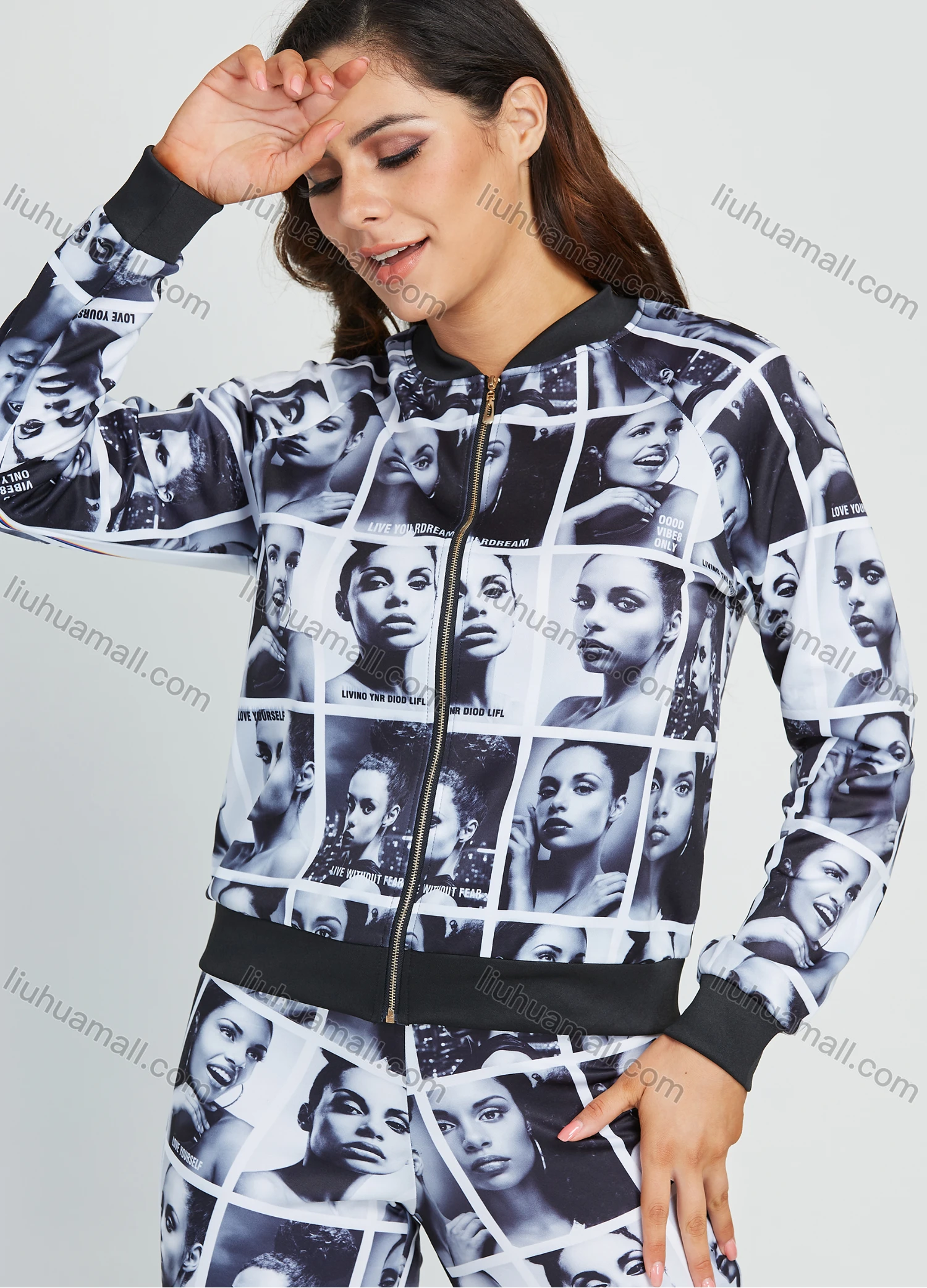Wholesale Women's Fashion Allver Figure Print Zip Jacket 2 Piece Set - Liuhuamall