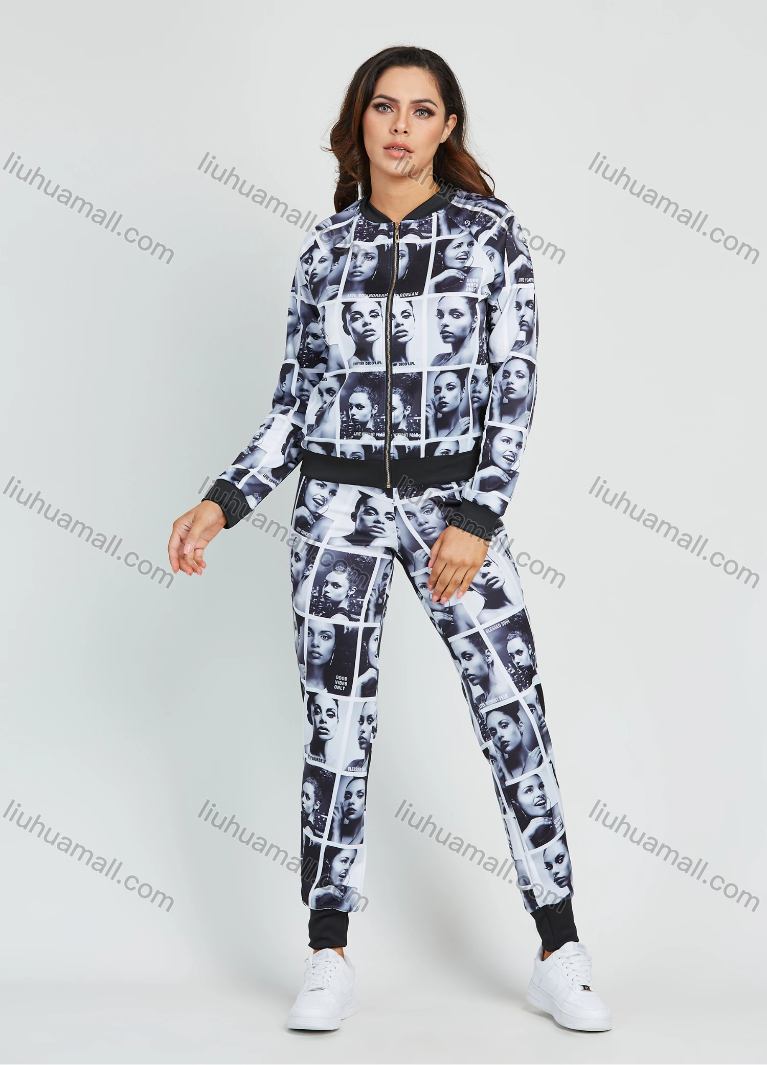 Wholesale Women's Fashion Allver Figure Print Zip Jacket 2 Piece Set - Liuhuamall